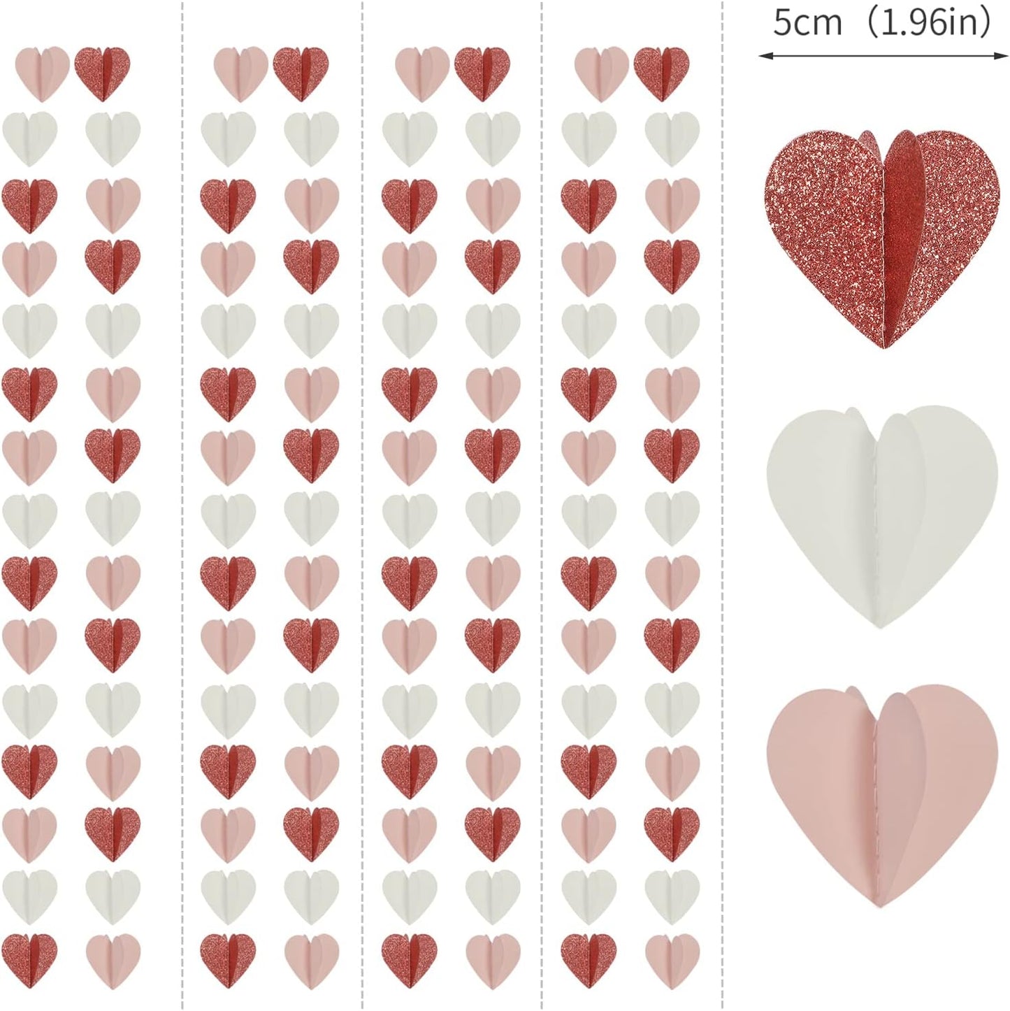 Rose-Gold Pink White 3D-Heart Garland - 39Ft Party Decorations Hanging Paper Streamers Banner,Engagement Wedding Bachelorette Baby Bridal Shower Decor Ouruola