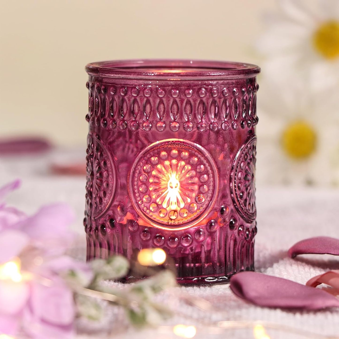 DARJEN Purple Votive Candle Holders Set of 36- Glass Tea Light Candles for Purple Candles, Embossed Candle Votives for Wedding Table Centerpiece, Party & Home Decor