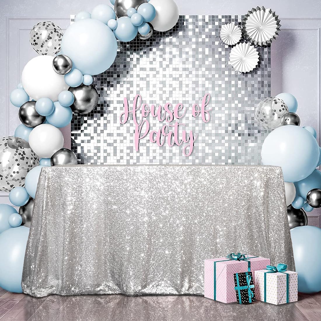 SquarePie Sequin Tablecloth 50 x 72 Inch Silver Sparkly Table Cloth for Wedding Party Decoration