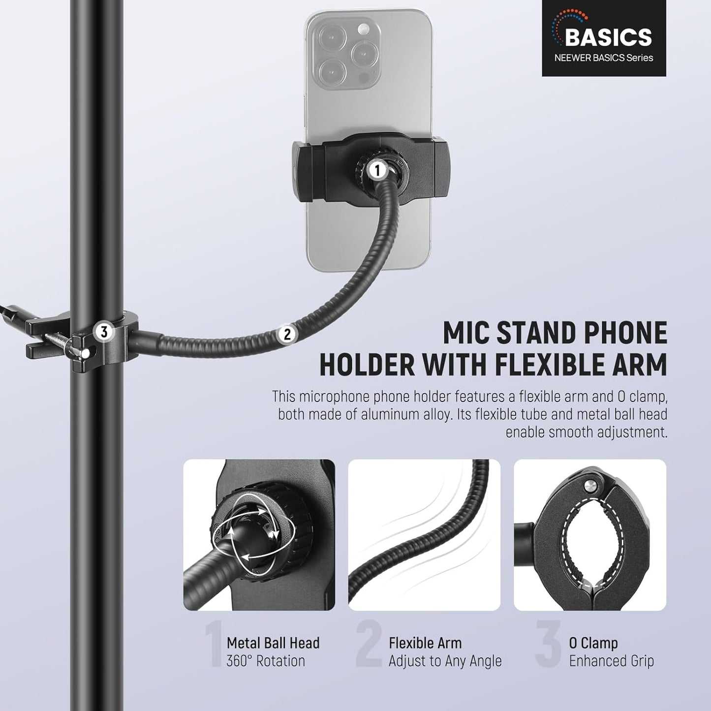 NEEWER BASICS Mic Stand Phone Holder with Flexible Arm, 360° Ball Head Boom Arm Microphone Floor Music Stand Cell Phone Mount Compatible with iPhone Android Samsung Video Recording, MS009