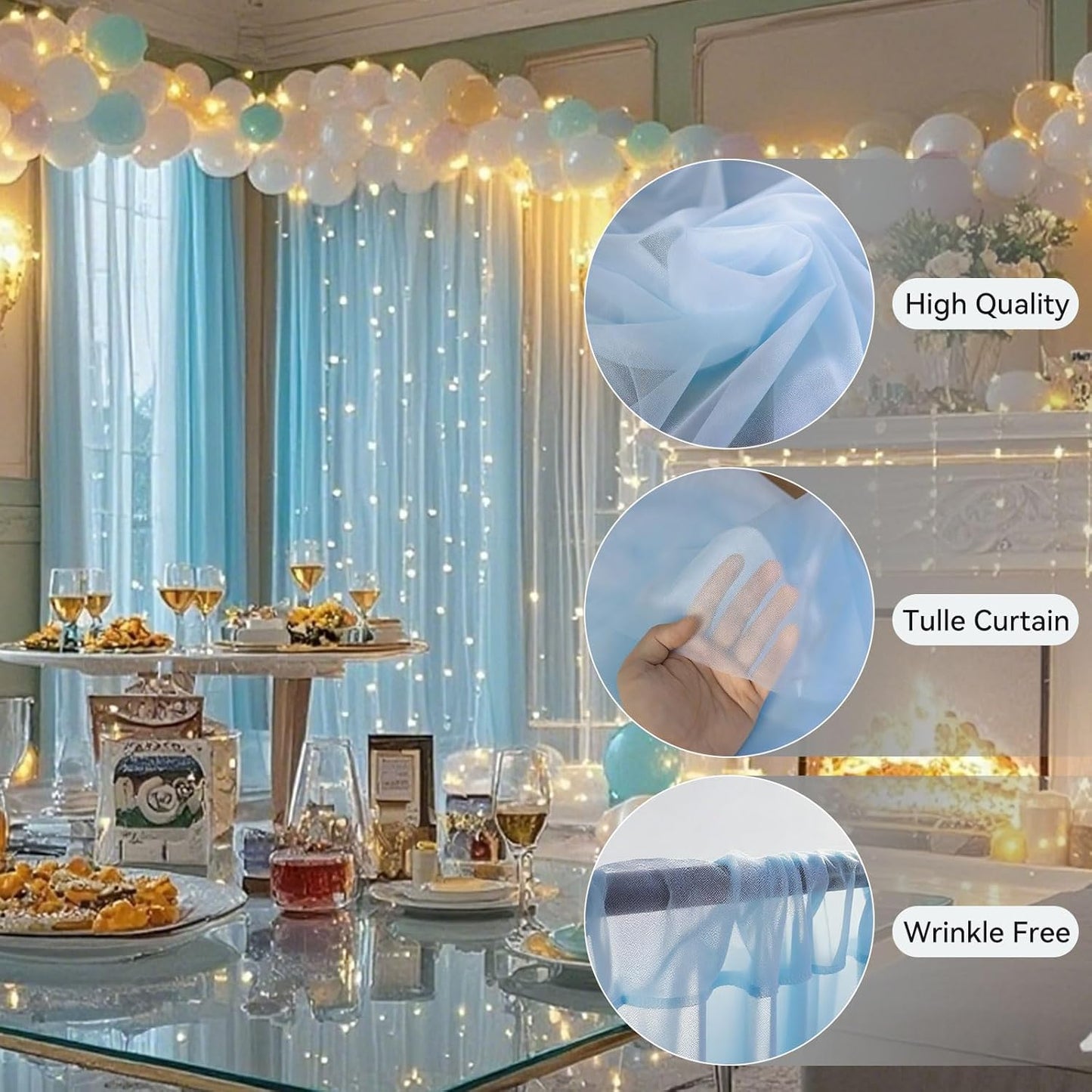 10×8ft Tulle Backdrop Curtains with Lights String - 300LED Fairy Lights Sheer Curtain Backdrop for Weddings Baby Shower and Birthday Party Decorations(6 Panels 5×8ft)