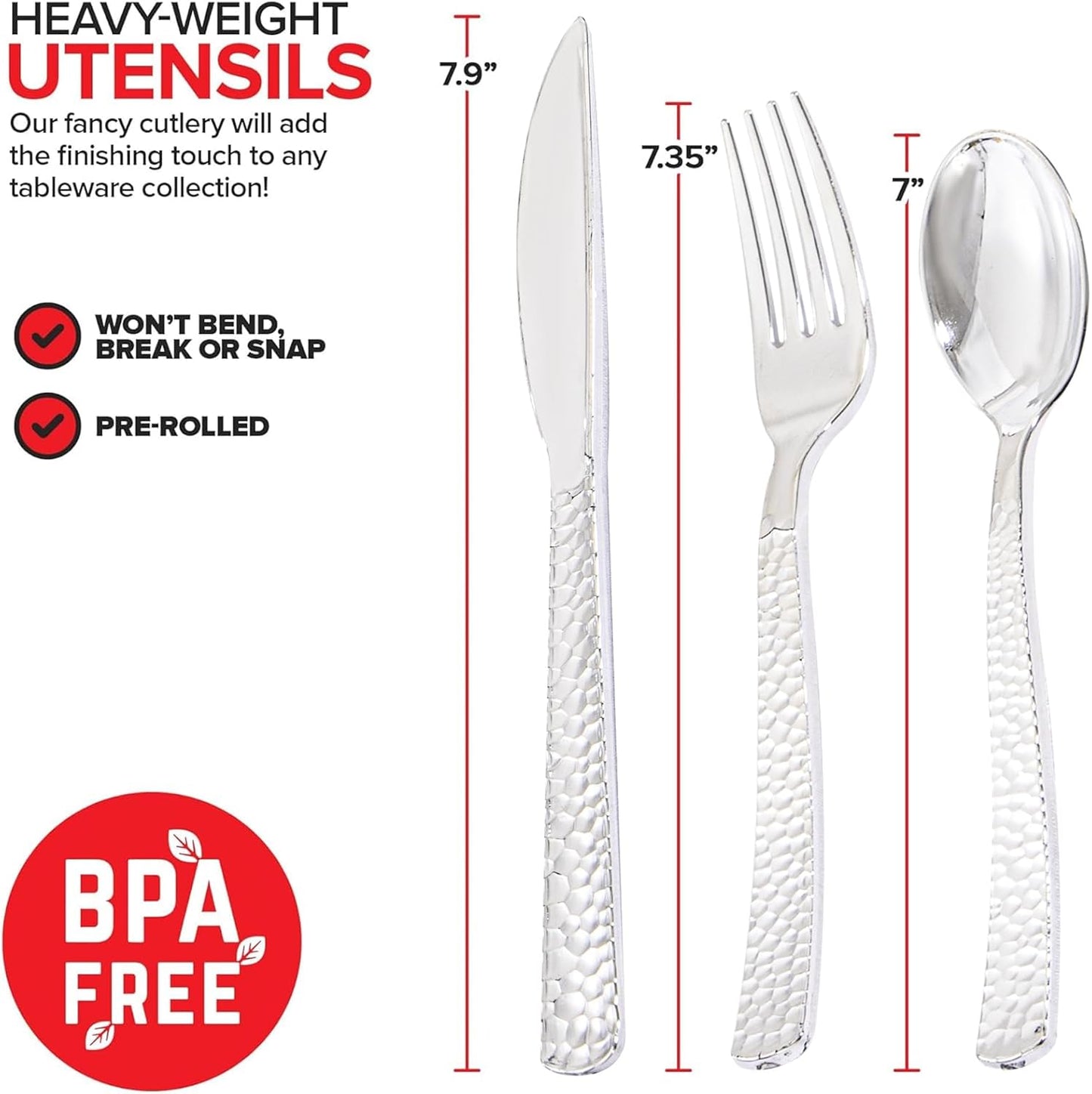 400PCS Pre Rolled Silver Plastic Silverware Sets - Heavy Duty Hammered Silver Cutlery - Include 100 Pack Wrapped Disposable Utensils with Napkins for Parties & Dinners & Weddings