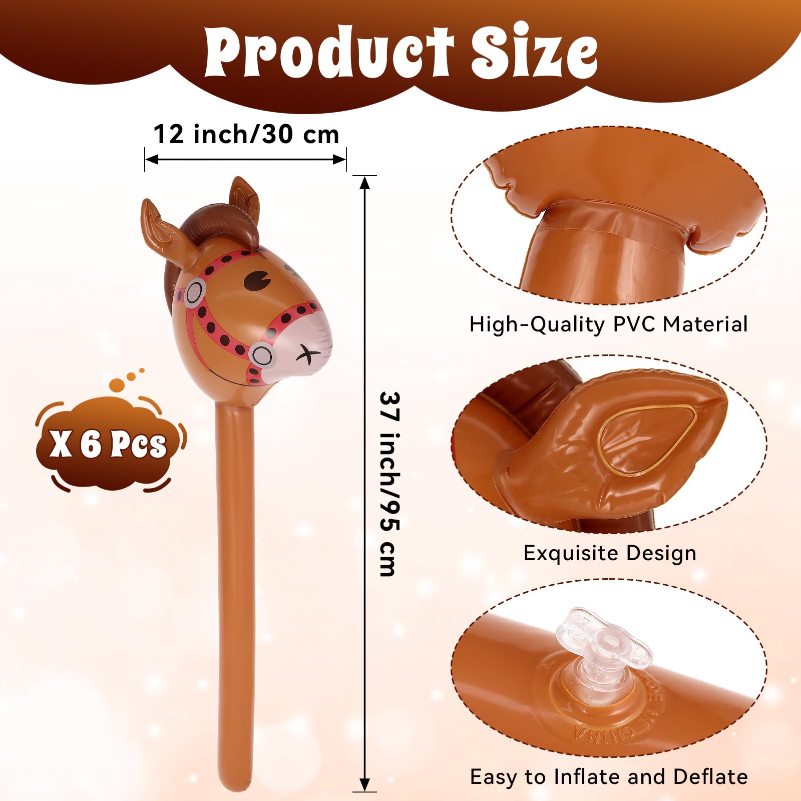 6 Pcs Inflatable Horse Head Balloons, 37 Inch Brown Inflatable Horse Stick Balloons, Pony Stick