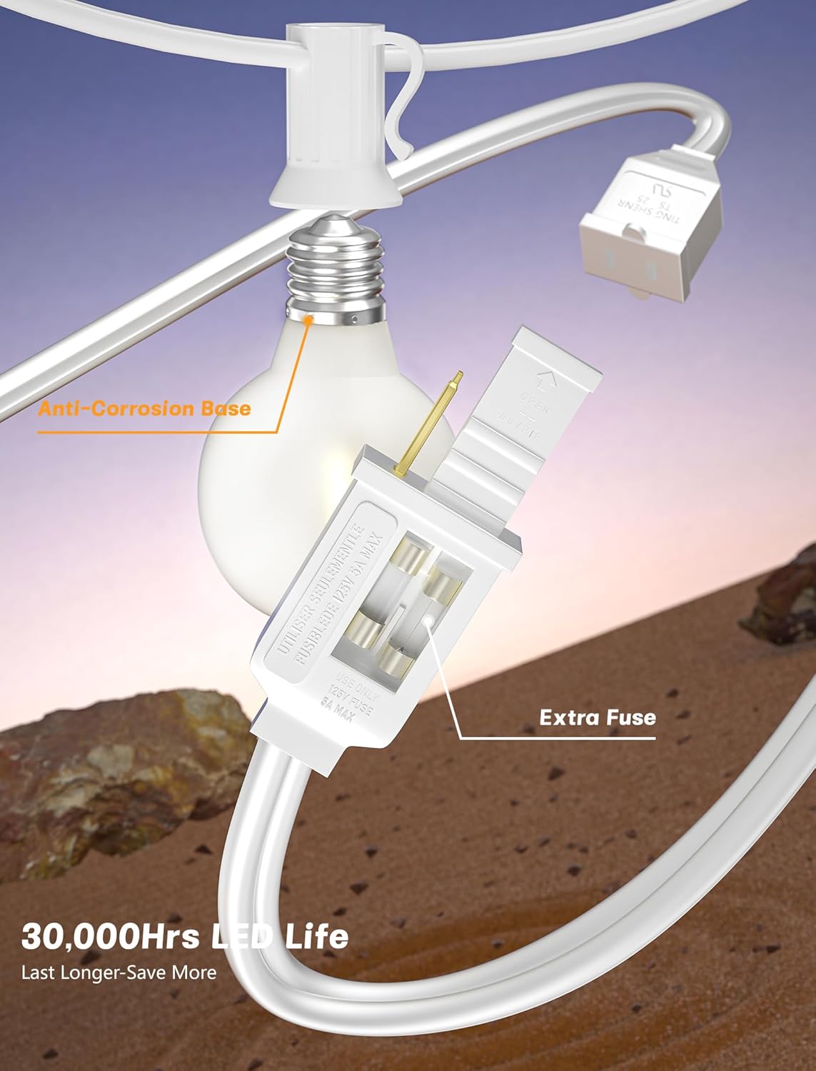 SUNSGNE 25Ft G40 LED Outdoor White String Lights with 27 White Frosted Shatterproof Globe Bulbs (2 Spare), Outdoor Hanging Lights for Room Café Bistro Pergola Tents, 25 Pack, White Wire