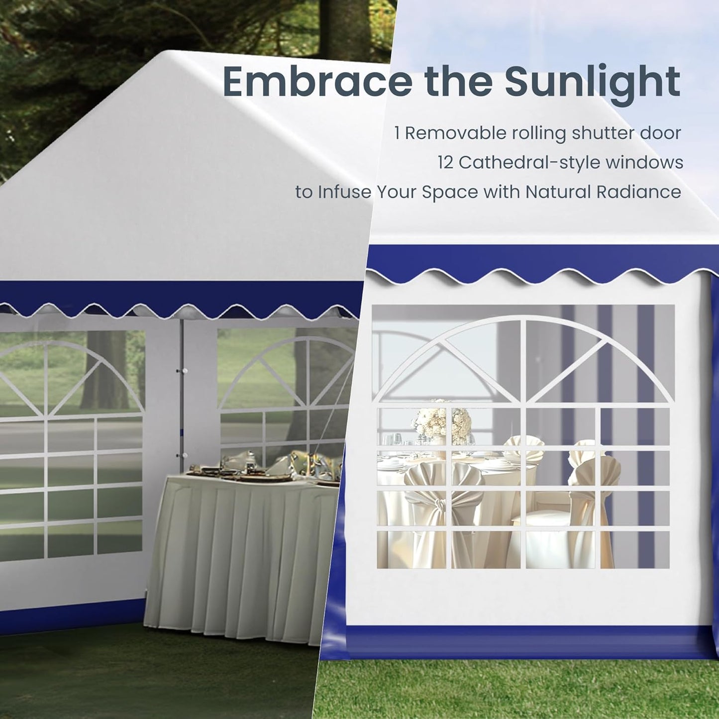 PHI VILLA 40 ft. x 20 ft. Large Outdoor Canopy Wedding Party Tent with Removable Side Walls & 7 Storage Bags, White with Blue Stripes