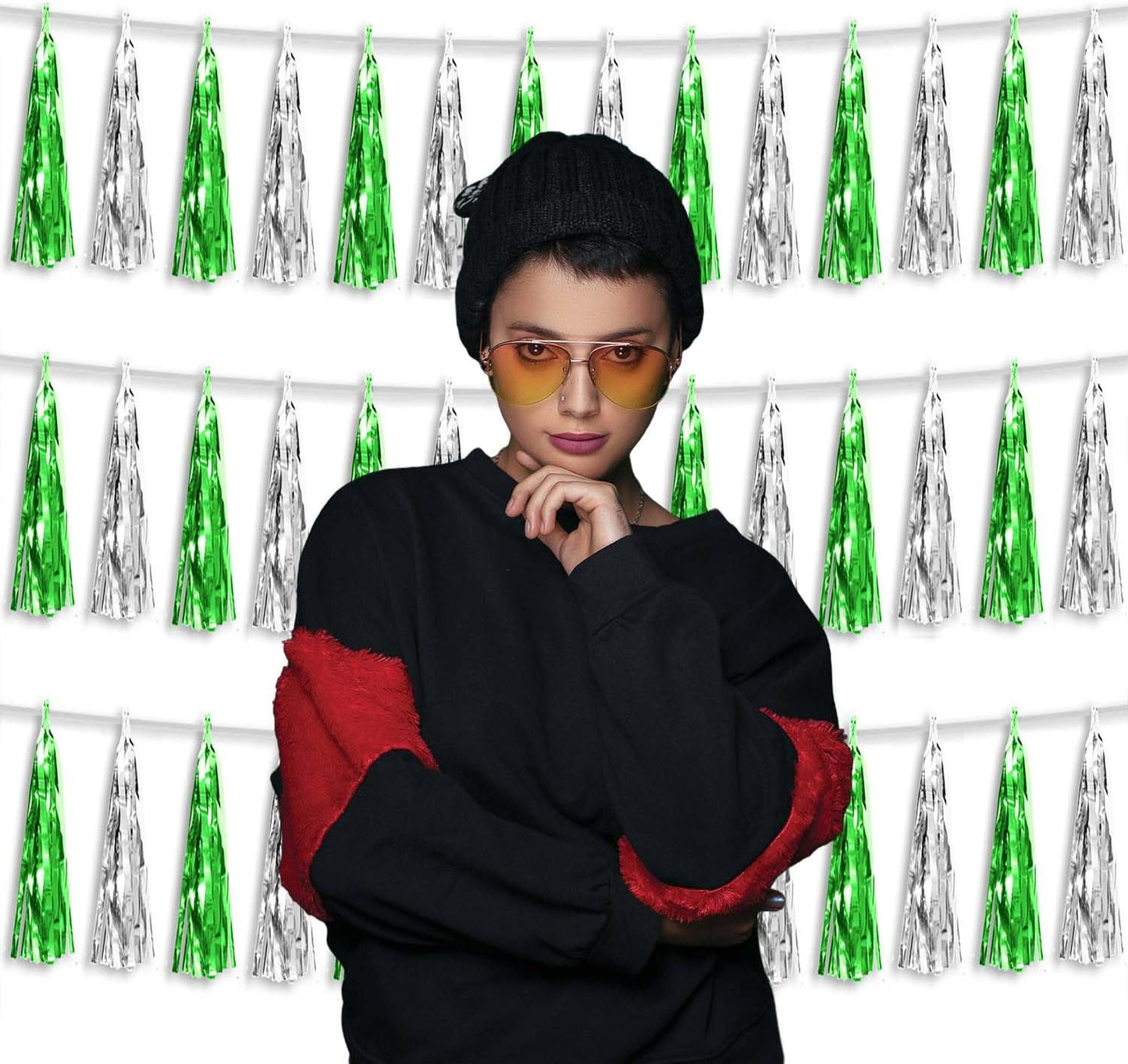 3P Metallic Fringe Tassel Banner Garland Foil Tinsel Streamer Wall Hanging Curtain Backdrop Banner for Parade Floats, Graduation Decorations, Father's Day Party Decoration(Green Silver)