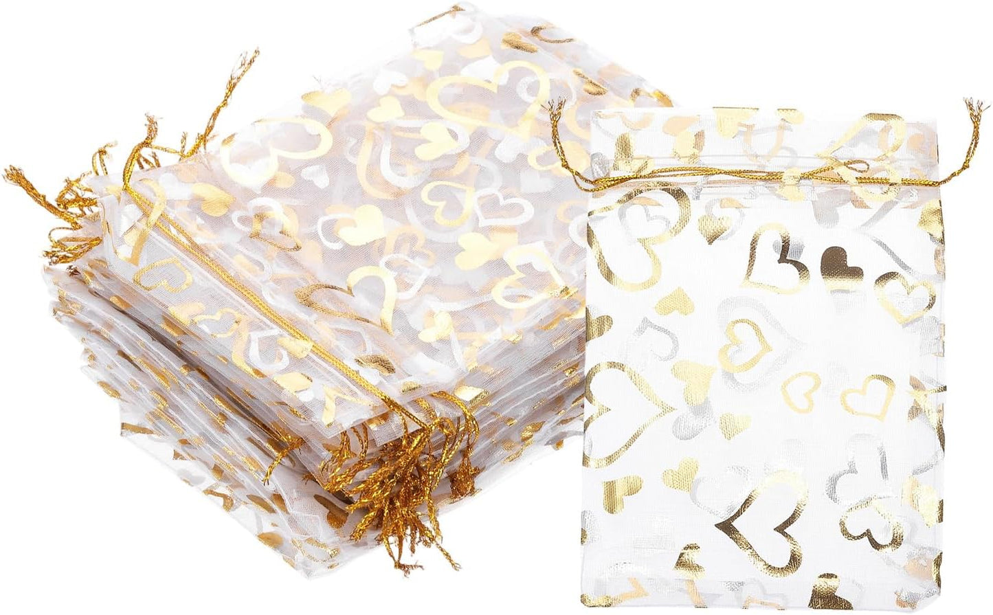 PATIKIL 50 Pcs 4x6 Inch Heart Printed Organza Bags, Gold Silver Sheer Heart Organza Bags with Drawstring for Christmas Candy Jewelry Party Wedding Favor Gift