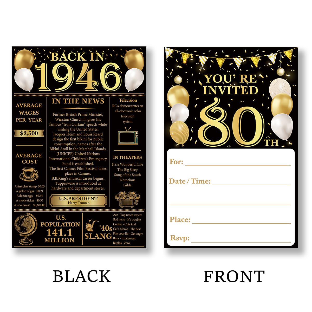 QZJ 80Th Birthday Party Invitations for Women Men - Back in 1946 Invites