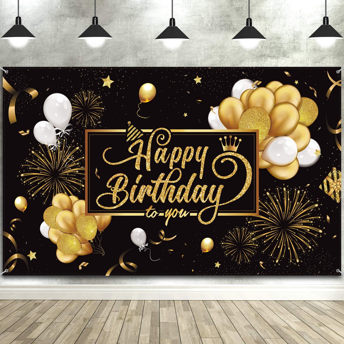 Blulu Black and Gold Happy Birthday Banner Sign Photo Backdrop, Classic
