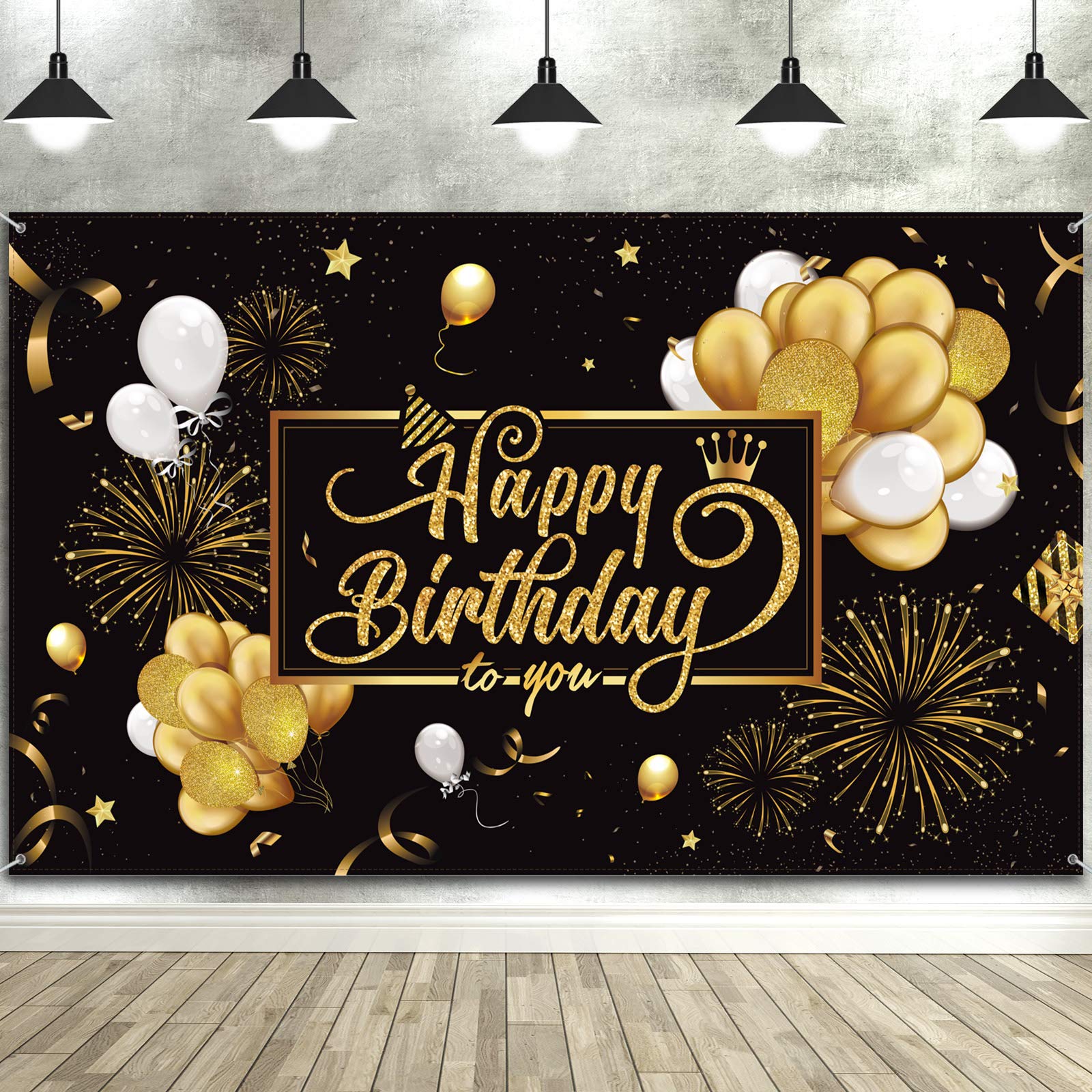 Blulu Black and Gold Happy Birthday Banner Sign Photo Backdrop, Classic