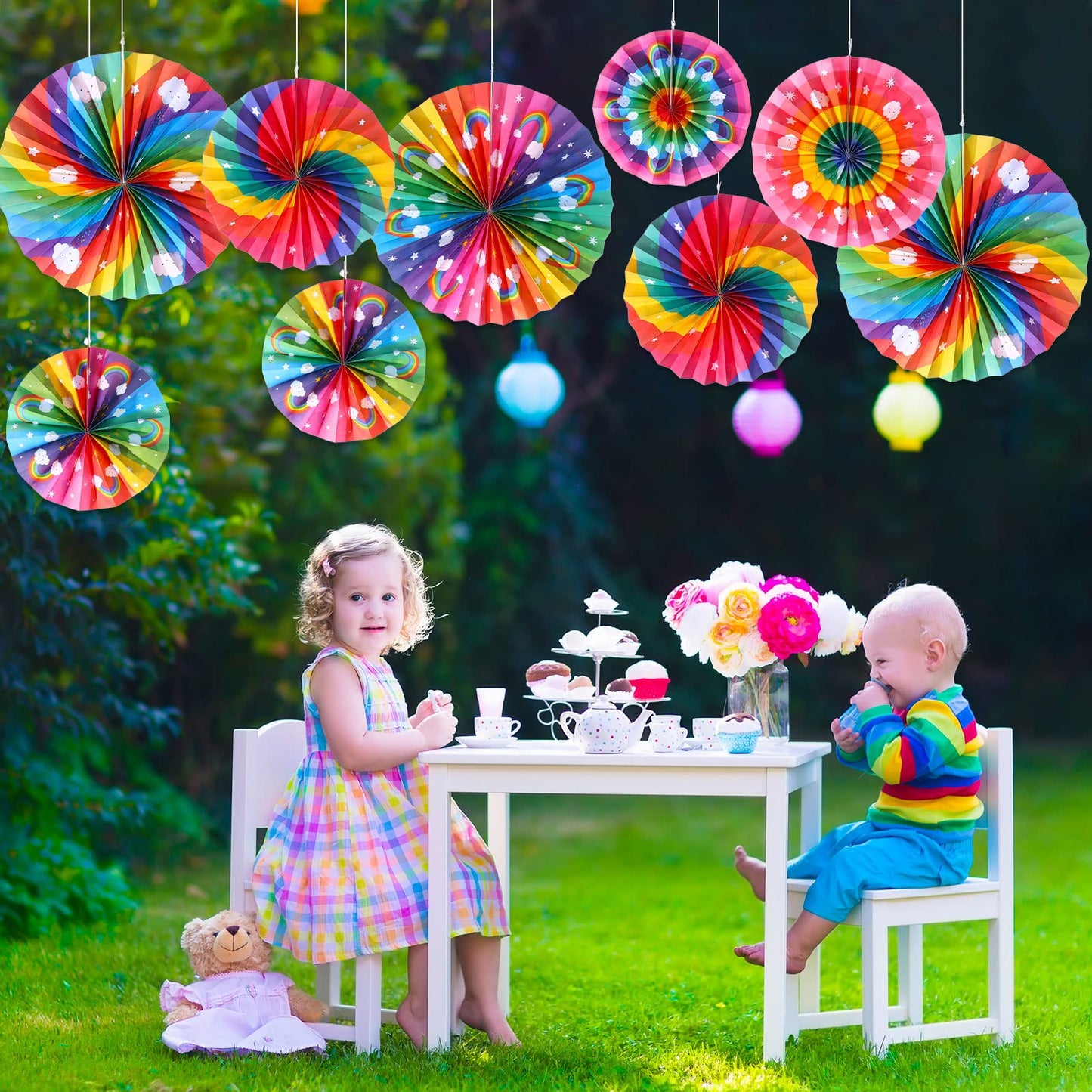 Outus 9 Pcs Rainbow Party Decorations Paper Fans Boho Classroom Bulletin Board Decor Ceiling Wall