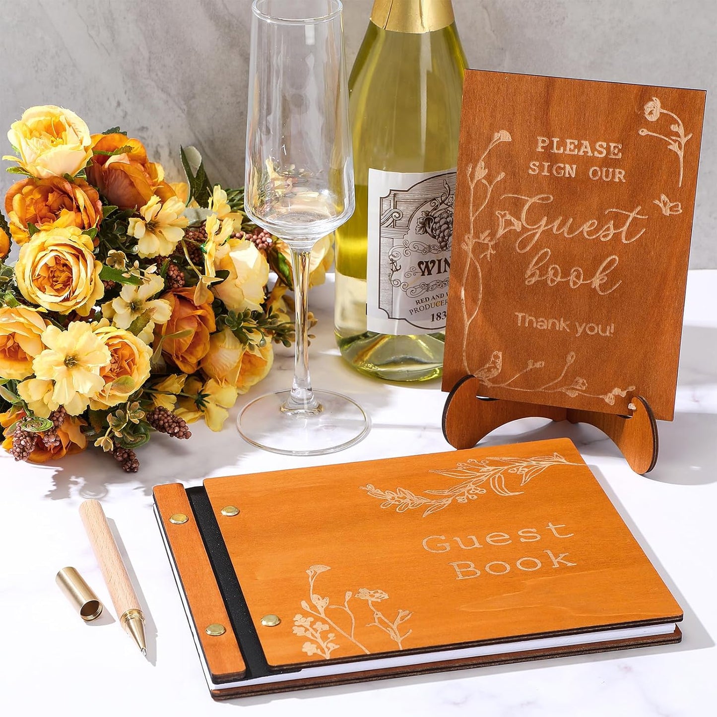 Wedding Guest Book Personalized Photo Guestbook to Sign at Reception Wedding Guest Sign in Book Photo Album Hard Cover 88 Lined Pages for Baby Shower Birthday Anniversary Party (Wood Floral)