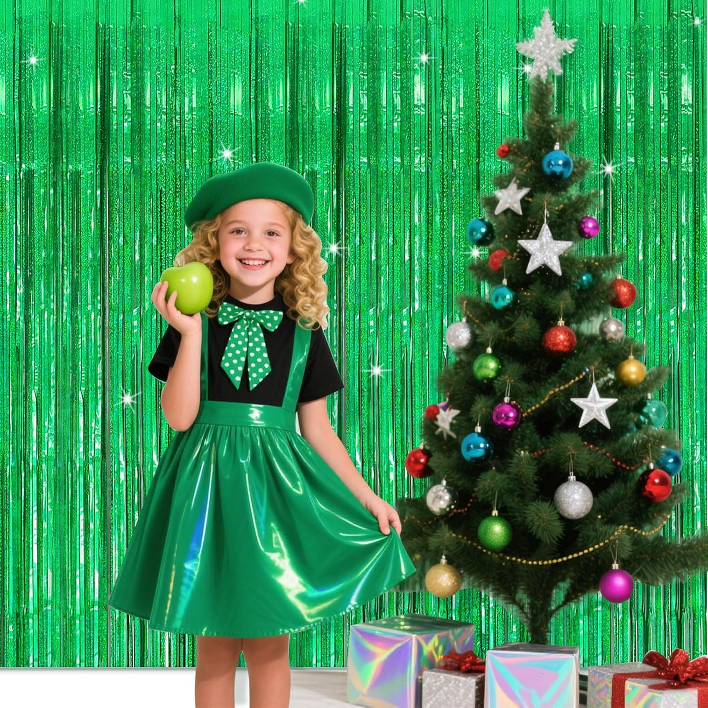 10 Pack Green Streamers Metallic Foil Fringe Curtain Backdrop for St Patrick's Day Birthday Christmas Dinosaur Animal Football Theme Party Decorations