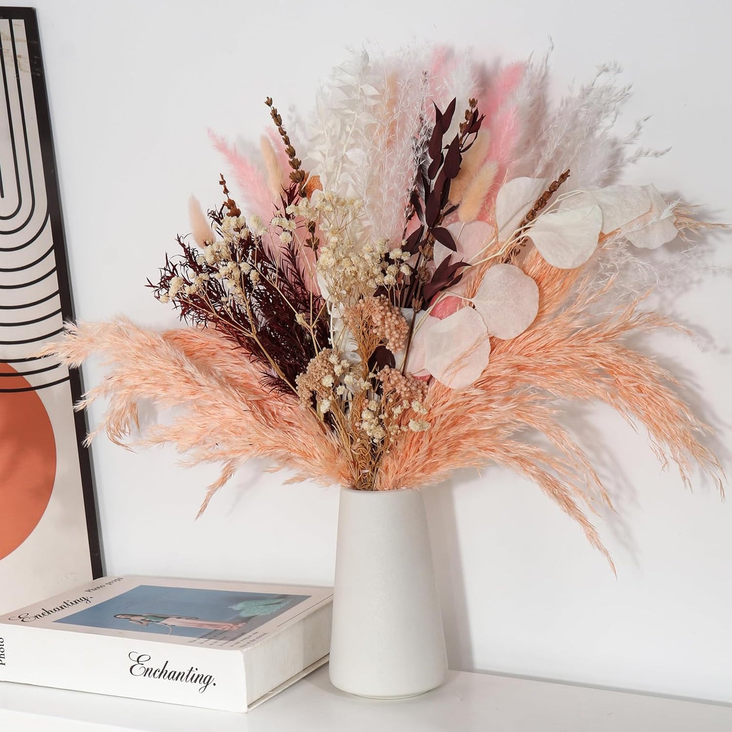 Pink Dried Flowers Bouquet - Pampas Grass, Bunny Tails, Eucalyptus, Lavender - Rustic Boho Decor for Home, Wedding, or Gift - Fluffy Pink Pampas for Flower Vase