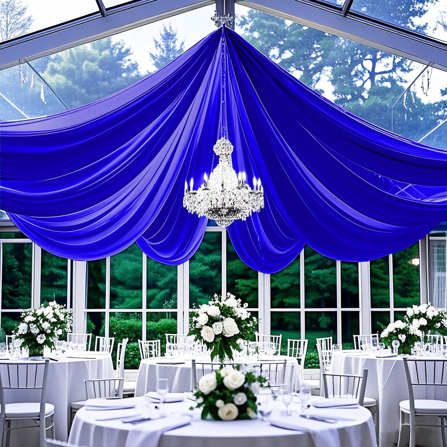 FUHSY Royal Blue Ceiling Drapes for Wedding Arch Draping Fabric Chiffon Wedding Drapery 4 Panels 5x20FT Sheer Curtains Drapes Tulle Backdrop for Reception Party Ceiling Decorations Arch Drapes Wedding