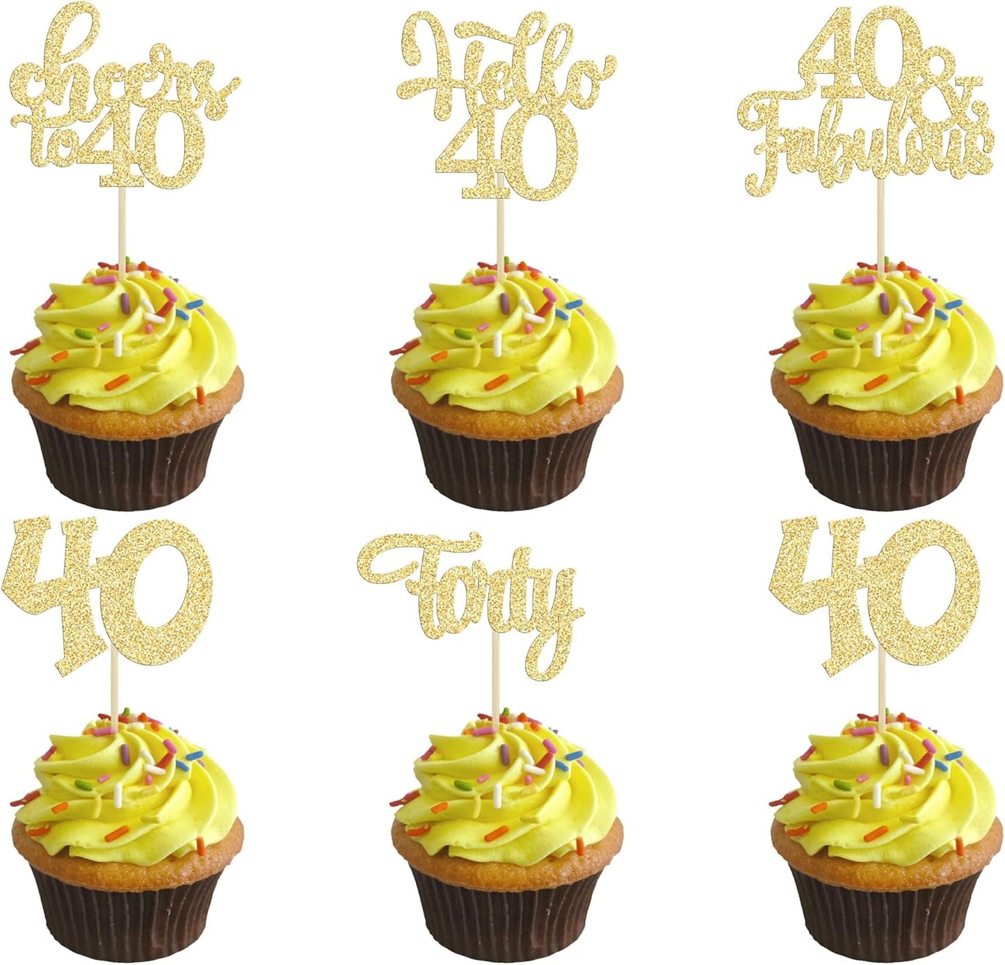 30pcs Happy 40th Birthday Cupcake Toppers - Gold Glitter Forty Cheers to 40 Years Old Cupcake Picks for Anniversary Party Cake Decorations