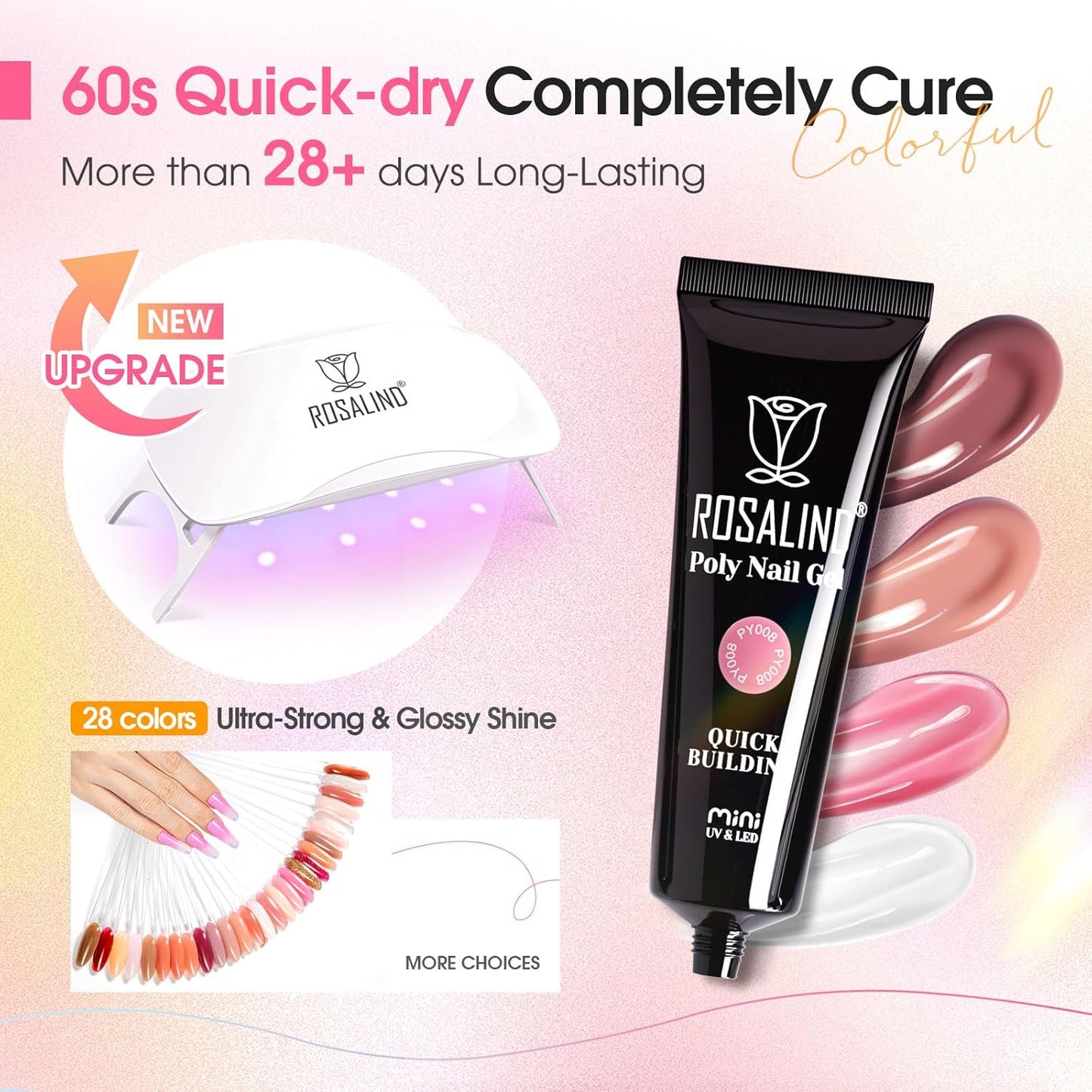 ROSALIND Poly Nail Gel Kit for Beginners - 28 Colors Extension Gel Set with UV/LED Nail Lamp, 72 Accessories (Base/Top Coat, Nail Forms, Tools), Long Lasting Salon Kit for DIY Manicure