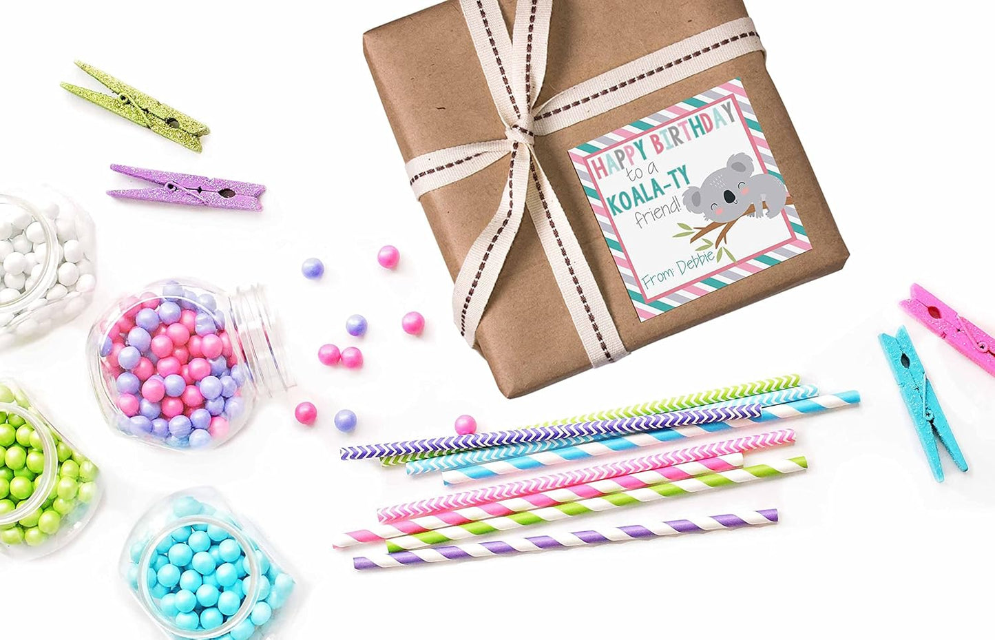 Custom & Personalized Cute Koala Happy Birthday Gift Tag Sticker Labels, 24 2.5" Square Stickers by Amanda Creation