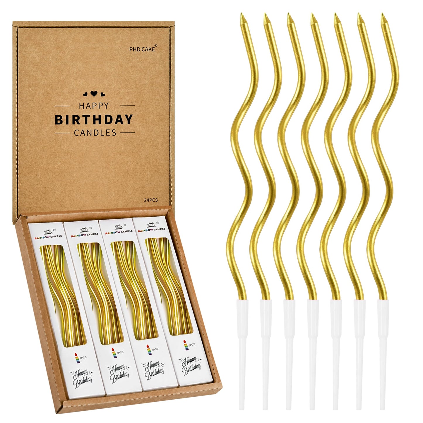 PHD CAKE 24-Count Gold Spiral Long Thin Metallic Birthday Candles, Cake Candles, Birthday Parties