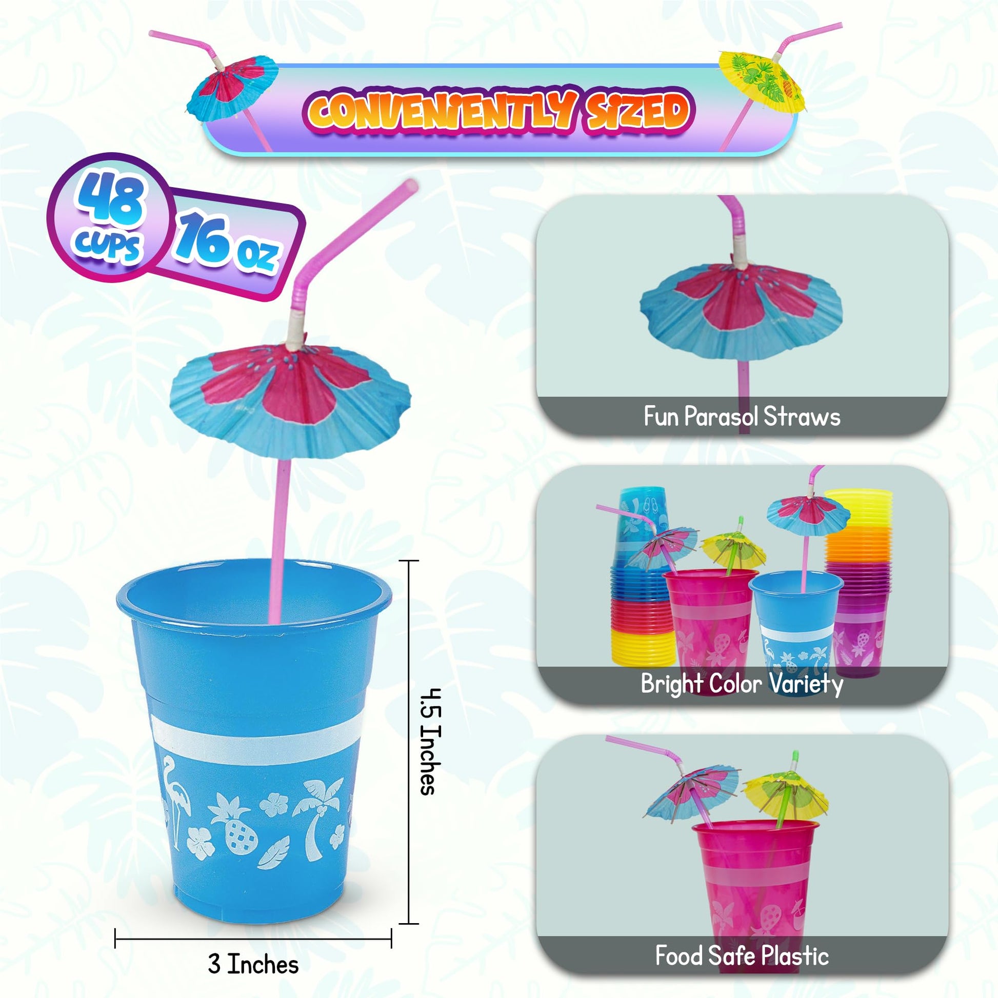 4E's Novelty 48 Packs Tropical Party Cups with Parasol Straws - Disposable Plastic Cups 16oz BPA