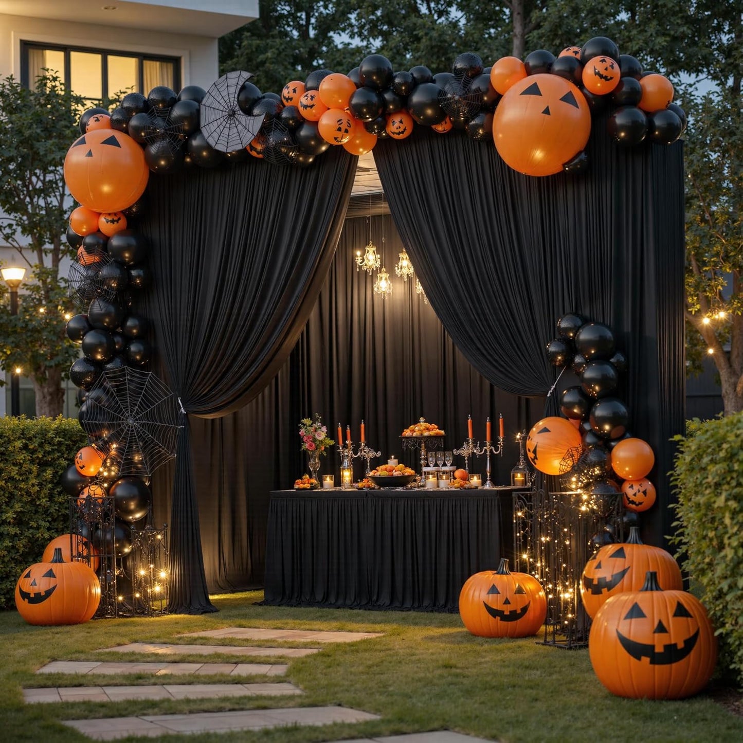 PartyVillage 30ft×15ft Black Backdrop Curtain for Halloween Parties, 6 Panels Wrinkle Free 15 FT Long Polyester Photo Backdrop Drapes Back Drop Cloth for Birthday Photography Background