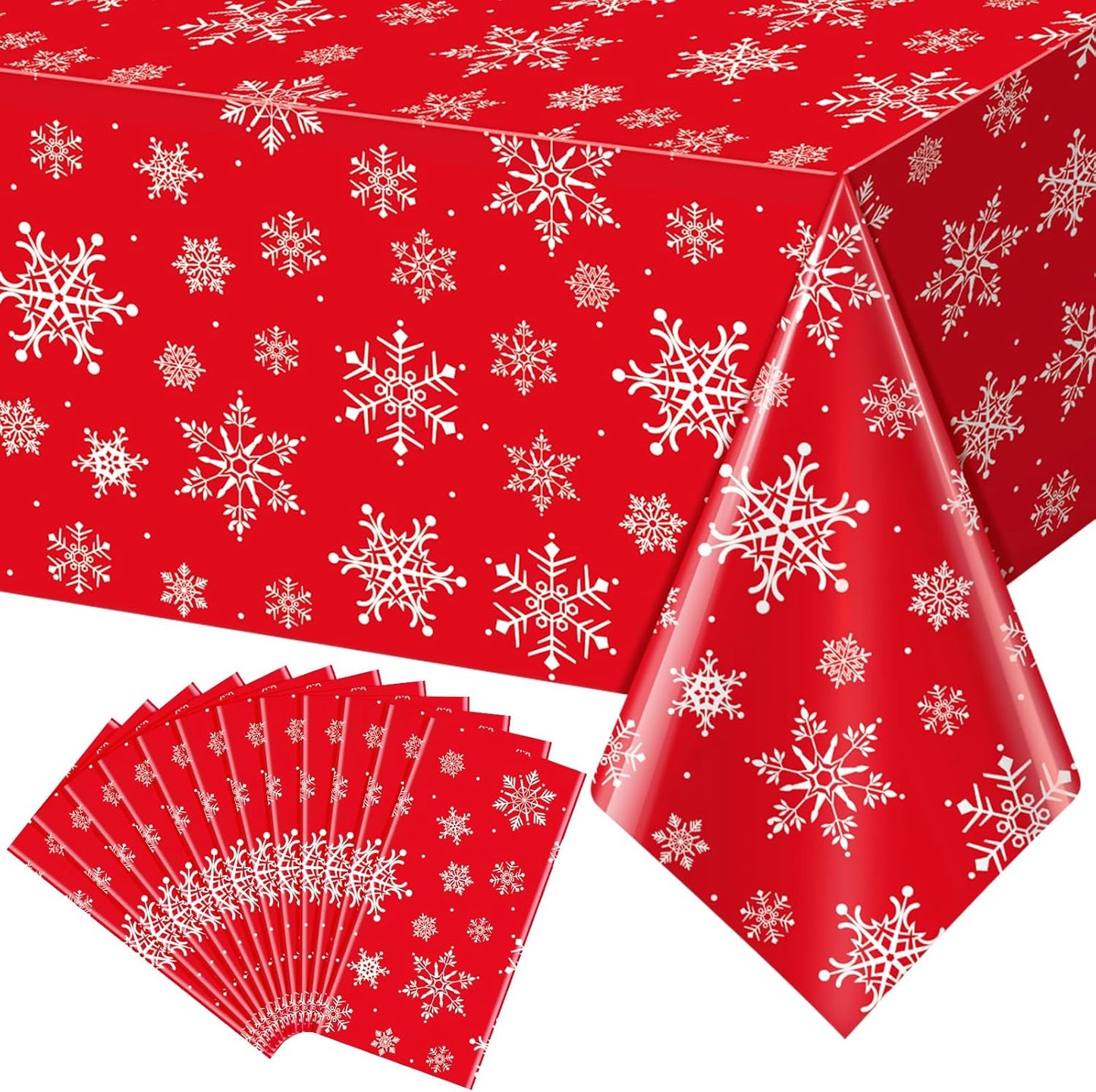 Jectivs 12 Pieces Christmas Snowflake Plastic Party Tablecloth Decorations,White Snowflake Red Xmas Backdrop Sign Table Cover Banner for Winter Christmas Holiday Party Supplies,54x108 inch (Red)