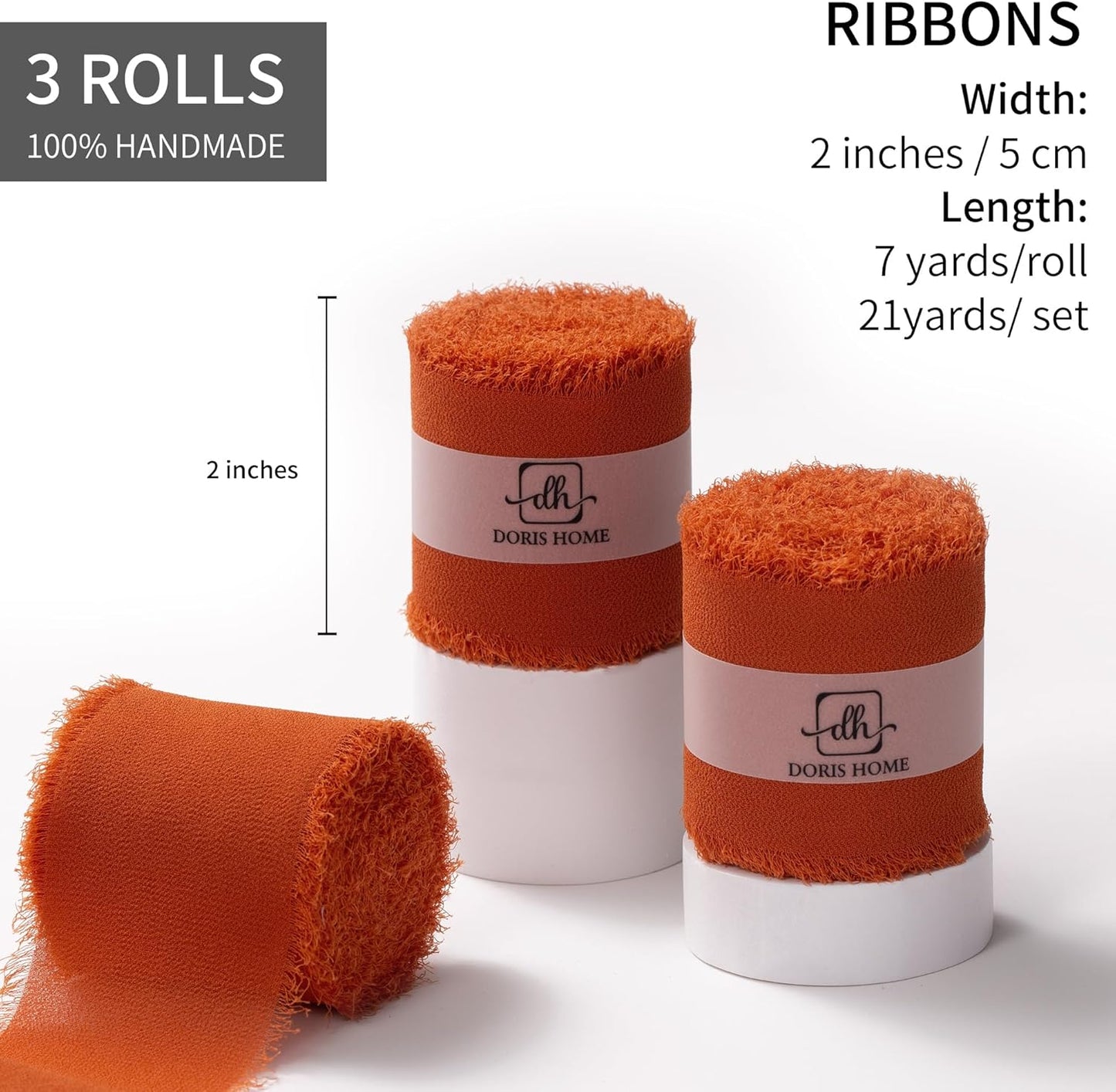 DORIS HOME Burnt Orange Chiffon Ribbon for Flower Bouquet, 2" x21Yd Fabric Ribbon for Gift Wrapping, Handmade Frayed Ribbon for Wedding/Christmas Decorations