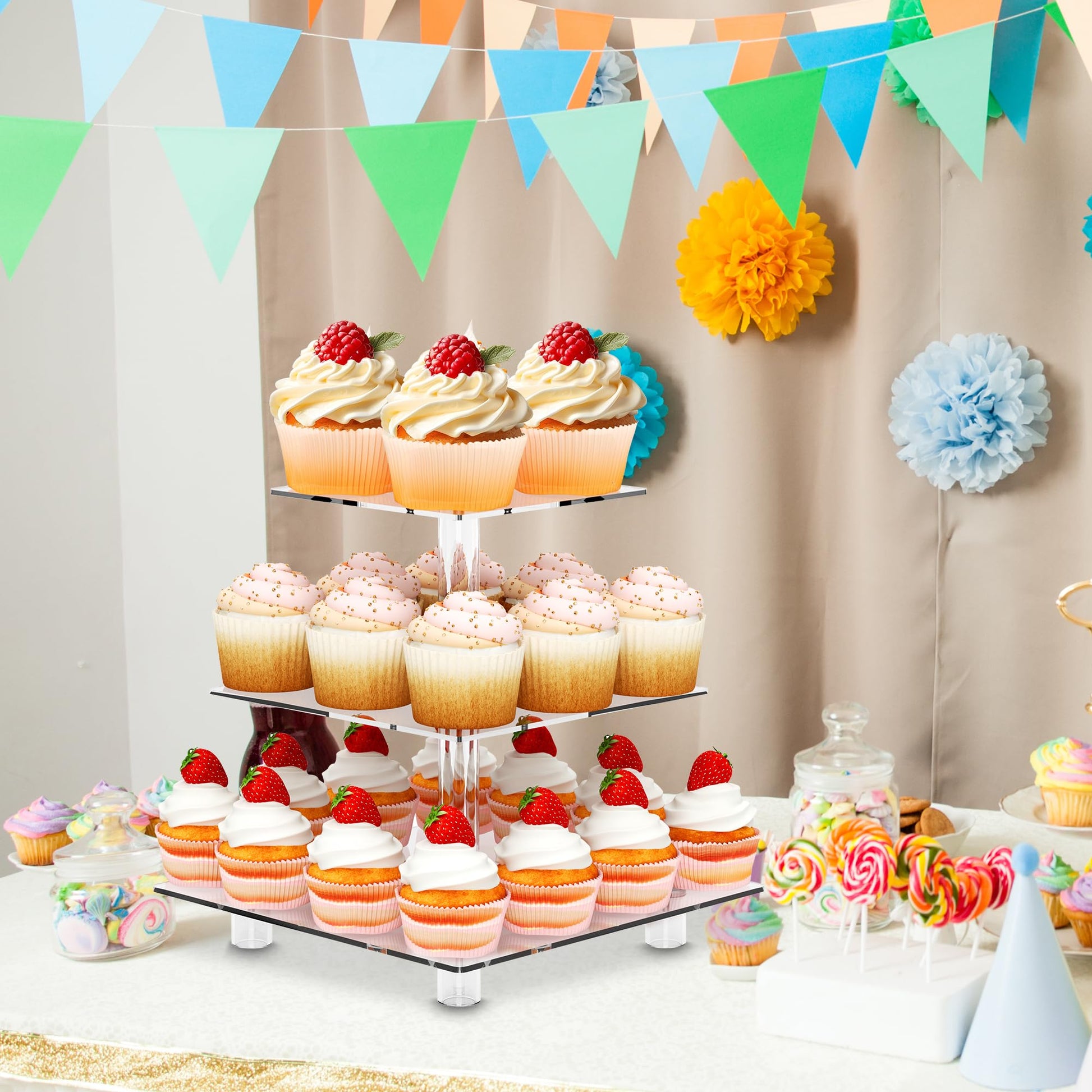 Clear Square Cupcake Stand 3 Tier Acrylic Cupcake Display Tower with Base