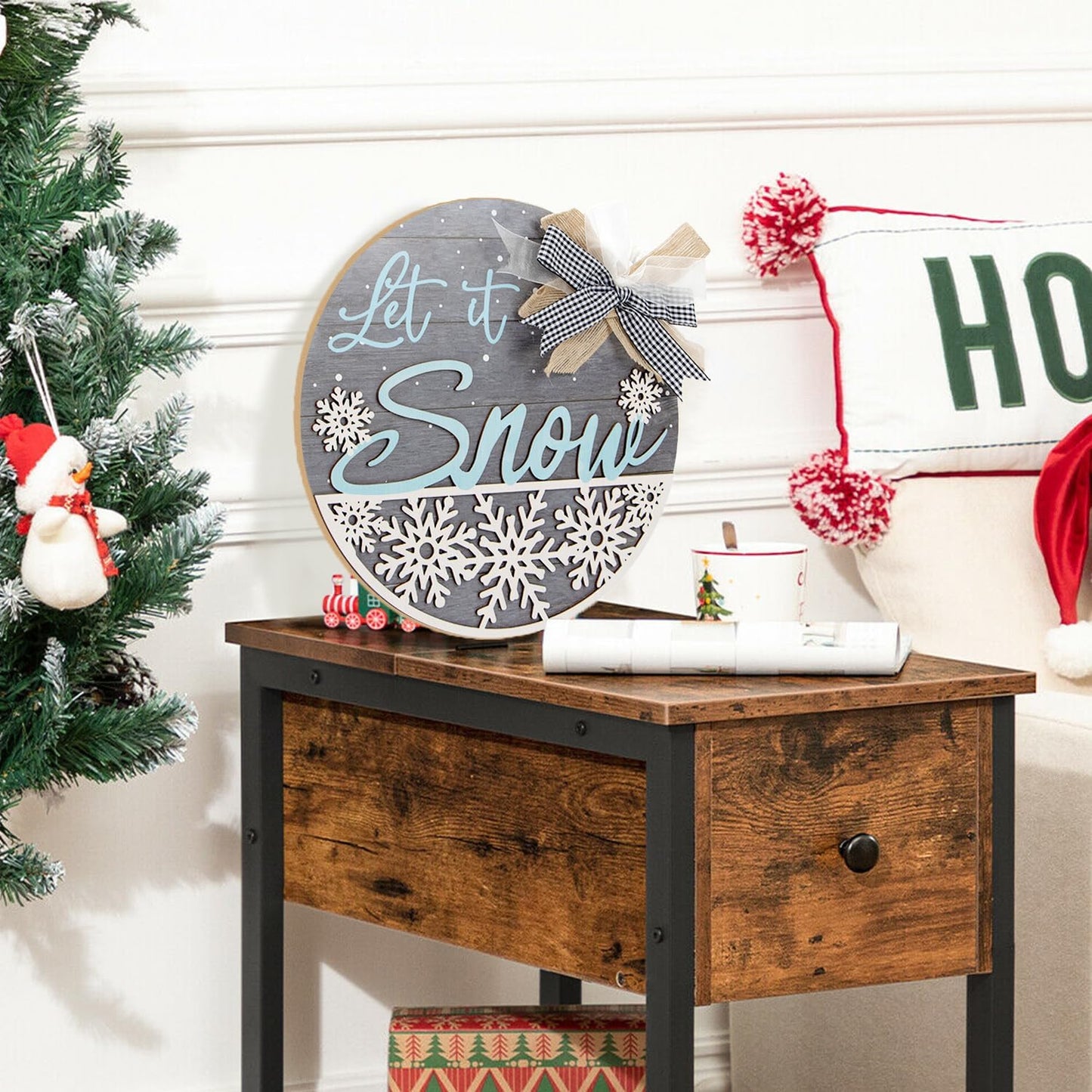 CHDITB Let It Snow Winter Decoration Sign(11.4”x11.4”), 3D Snowflake Xmas Winter Front Door Sign with Bow, Christmas New Year Housewarming Gift for Front Door Porch Farmhouse Indoor