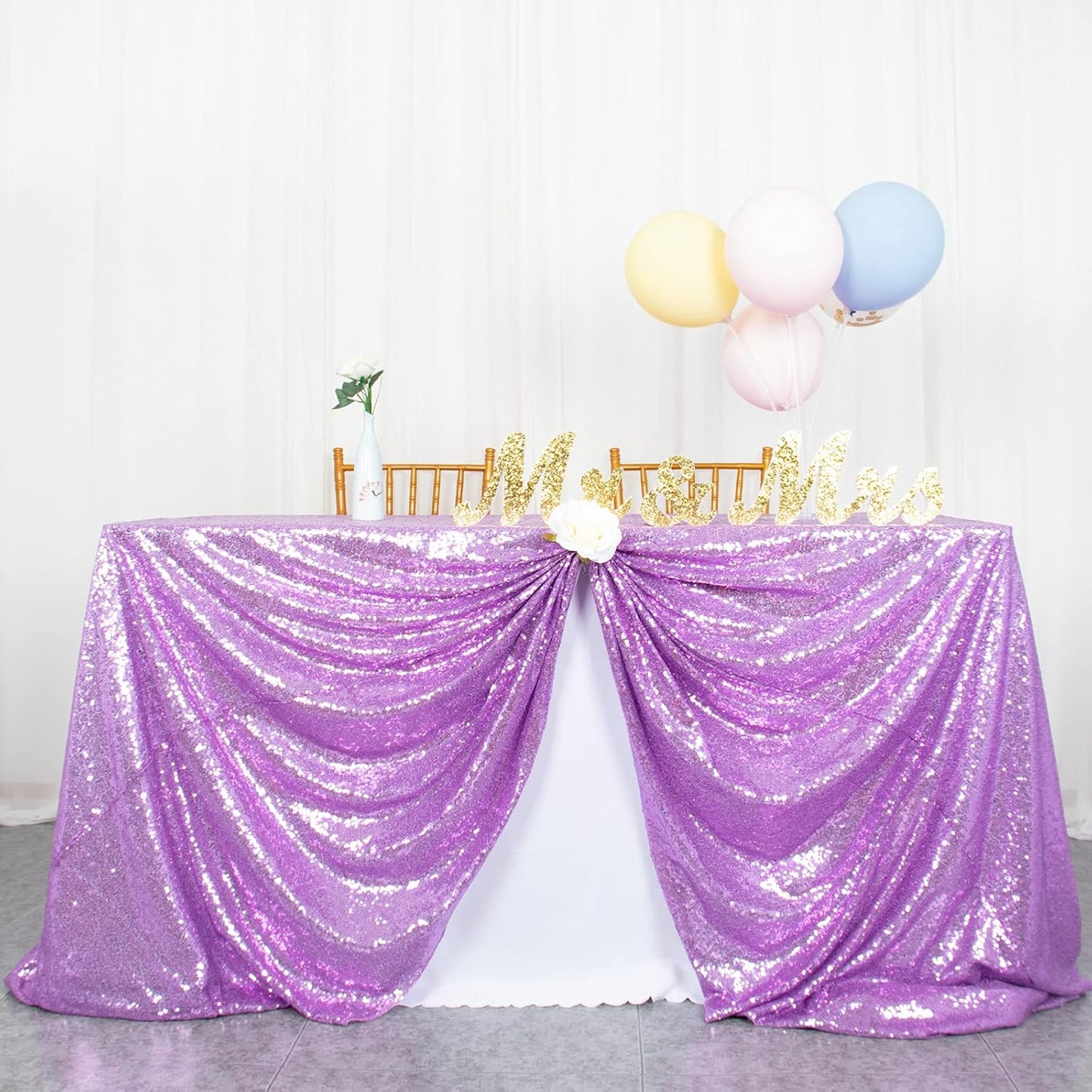 ShinyBeauty 72x72 Inch Square Sequin Tablecloth Overlay - Lavender Shimmer Wedding Table Cover for Cocktail Party, Light Purple Sparkling Cake Table Decoration