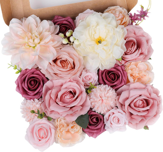 AGIRL Rose Artificial Flowers Combo Fake Flowers Pink Roses Silk Flowers with Stems for DIY Bridal Wedding Bouquets Centerpieces Arrangements Table Party Baby Shower Home Decor (Champagne Pink)