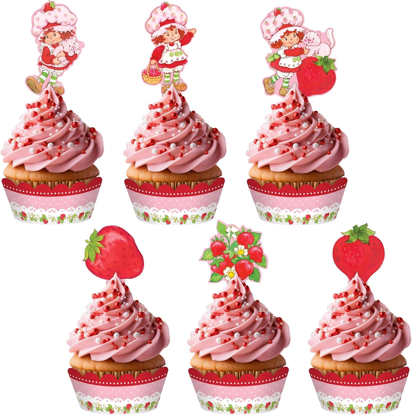 Treasures Gifted Officially Licensed Strawberry Shortcake Cake Decorations - 24 Cupcake Toppers & Wrappers - Strawberry Shortcake Baby Shower Decorations - Birthday Party Supplies
