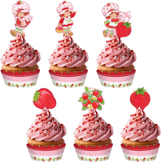 Treasures Gifted Officially Licensed Strawberry Shortcake Cake Decorations - 24 Cupcake Toppers & Wrappers - Strawberry Shortcake Baby Shower Decorations - Birthday Party Supplies
