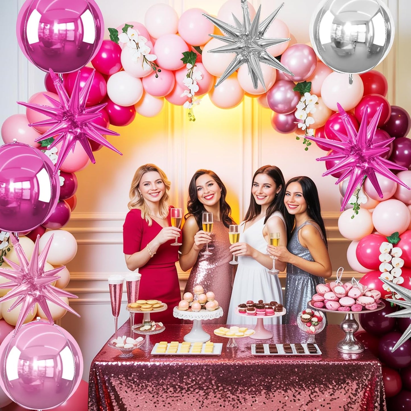 6Pcs Pink Silver Foil Balloons,22Inch Hot Pink Silver 4D Round Ball Balloon and Explosion Star Balloon for Birthday Wedding Baby Shower Anniversary Decorations