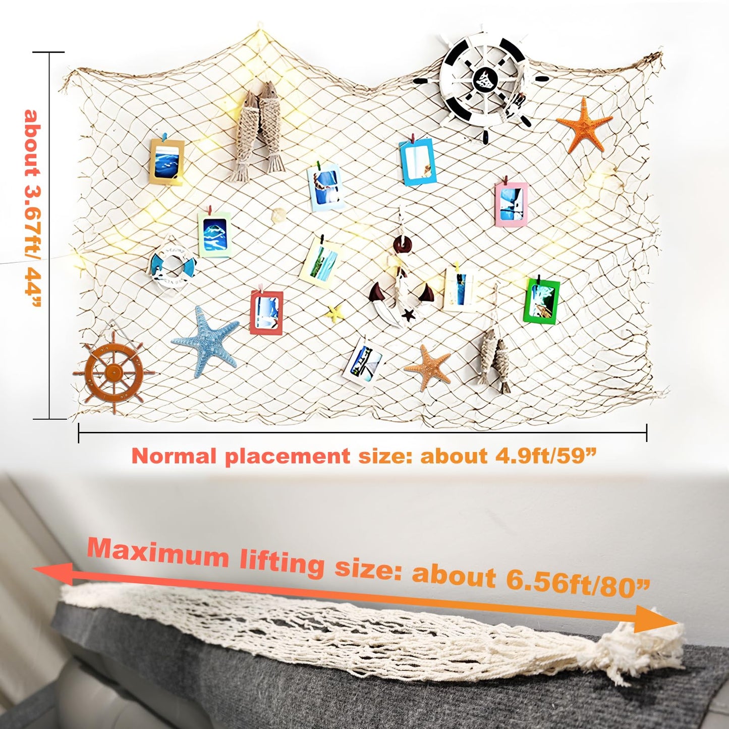 2 Pack Fish Net Decorations for Party, Natural Cotton Hawaiian Table Runner Party Fishing Net