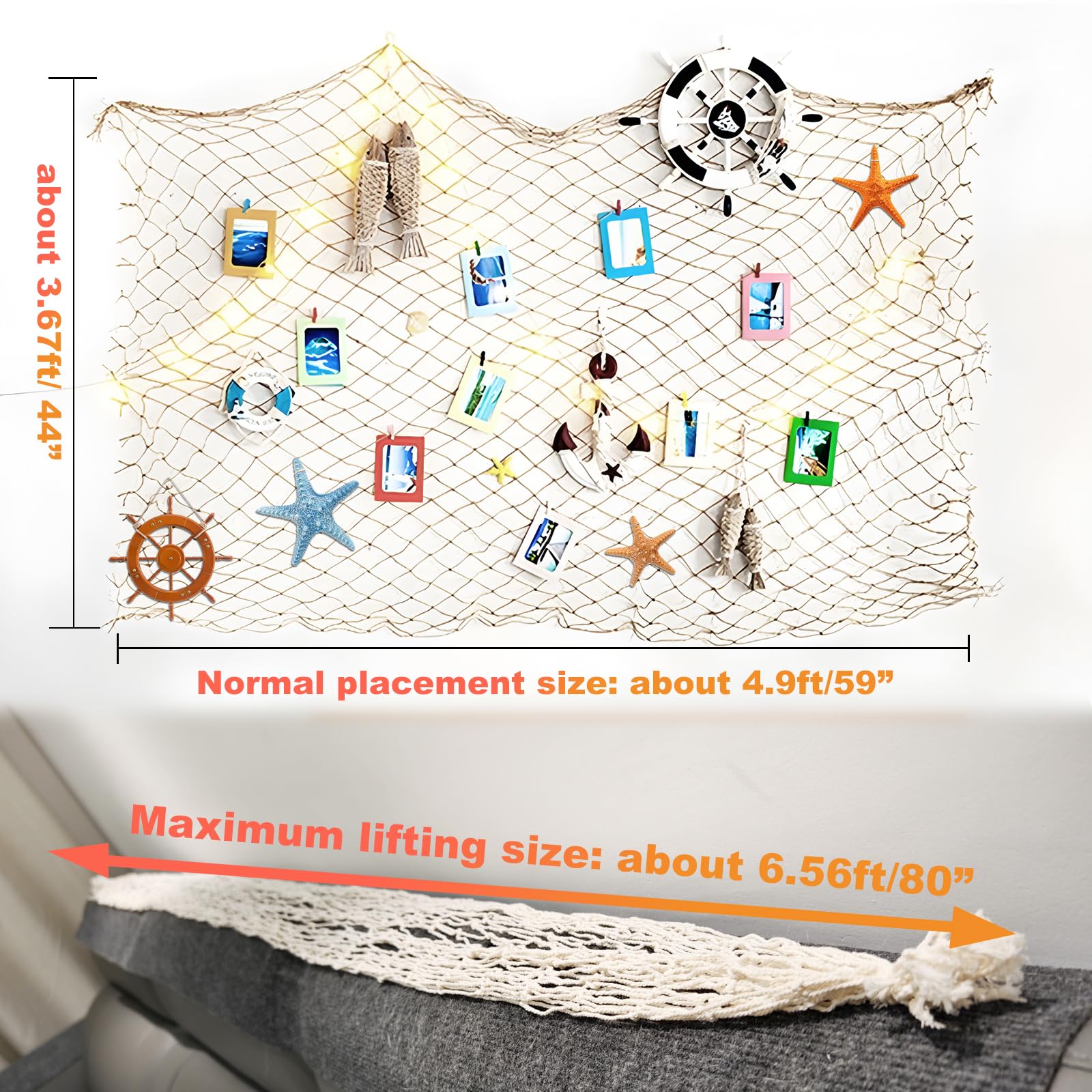 2 Pack Fish Net Decorations for Party, Natural Cotton Hawaiian Table Runner Party Fishing Net