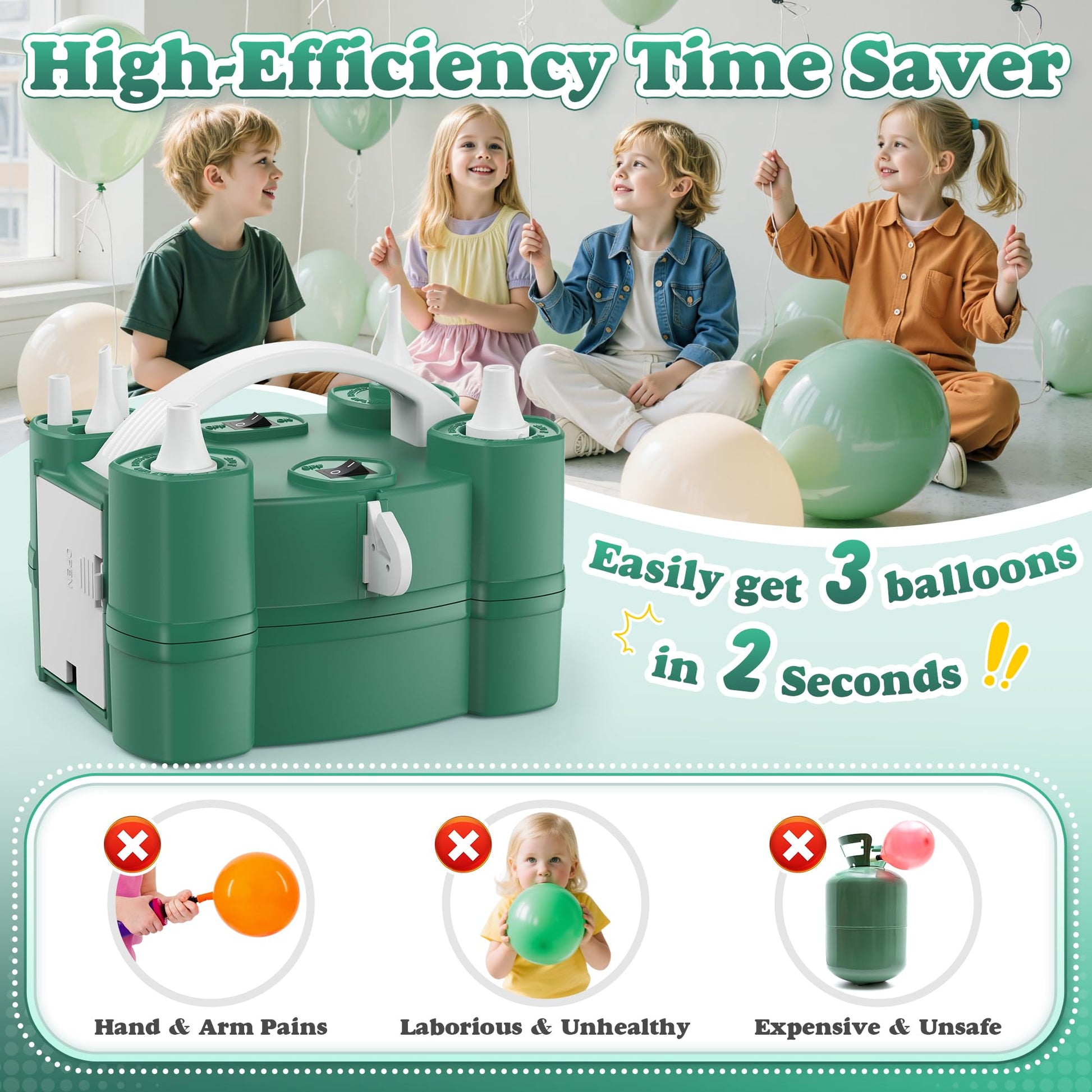 Balloon Pump 4-in-1 Electric Balloon Inflator with Triple Inflating Ports for All Balloons Air