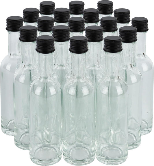 50 ml Mini Small Glass Bottles With Aluminum Lid and Heat Shrinks 24 Pack (Black Caps) for Liquor Sauce Party Favors Beverage