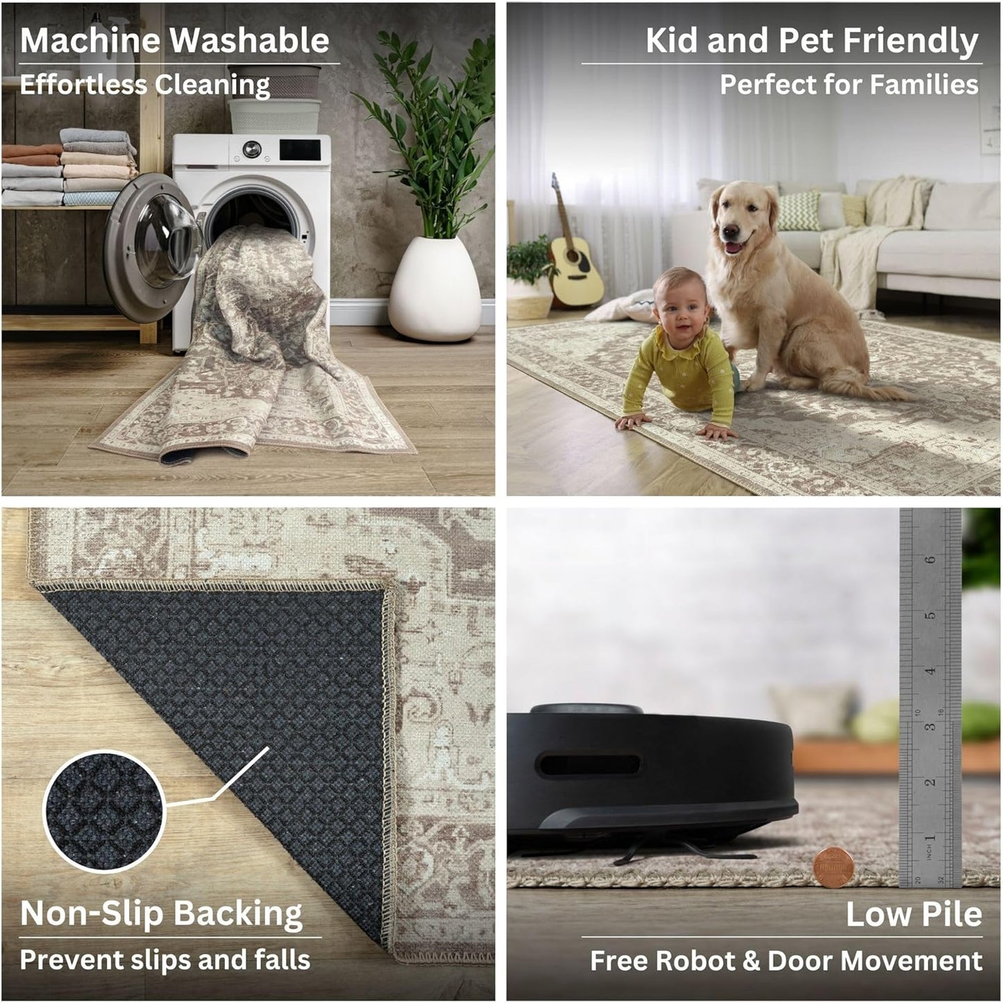 Bloom Rugs Washable Non-Slip 8' x 10' Rug - Light Brown Traditional Medallion Area Rug for Living Room, Bedroom, Dining Room, and Kitchen - Exact Size: 8' x 10'