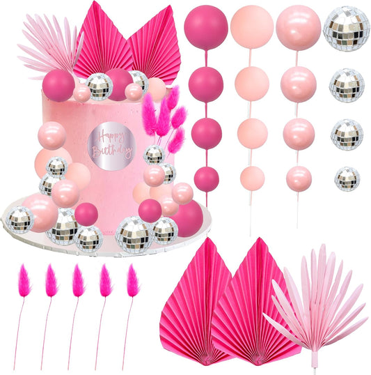 Ephlyn 33 Pack Balls Cake Toppers Boho Palm Leaves Cake Decorations Round Acrylic Happy Birthday Cupcake Toppers for Birthday Wedding Baby Shower Party Supplies Silver Rose Red
