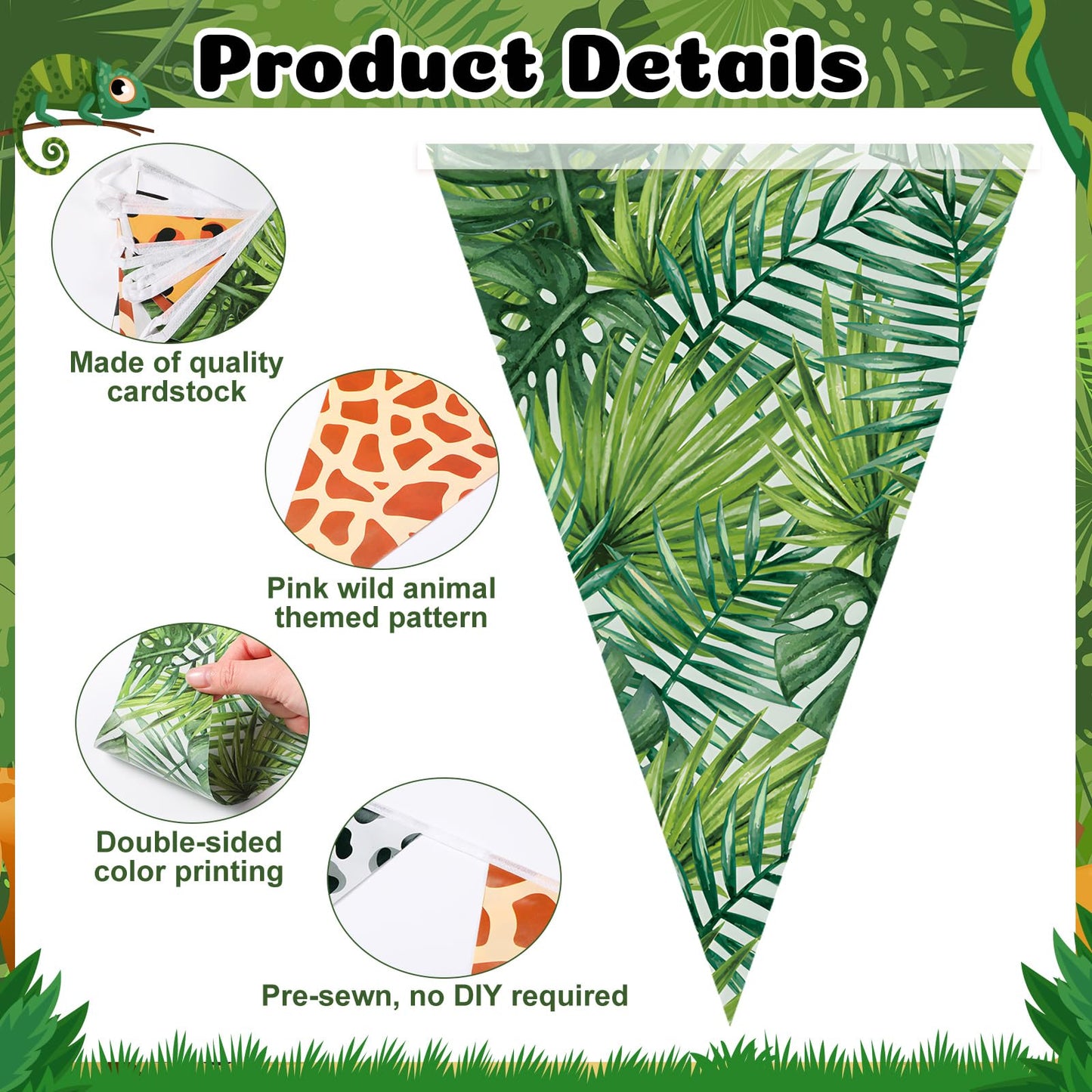 Tiamon 5 Pcs Jungle Safari Animal Banner 49.2 Ft Triangle Flags Party