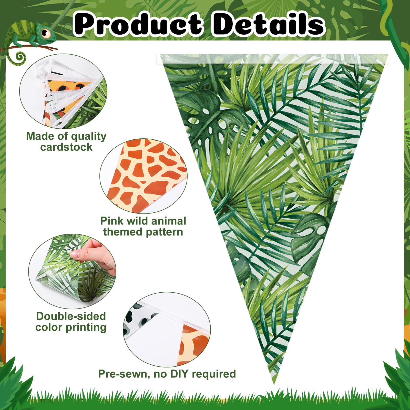Tiamon 5 Pcs Jungle Safari Animal Banner 49.2 Ft Triangle Flags Party