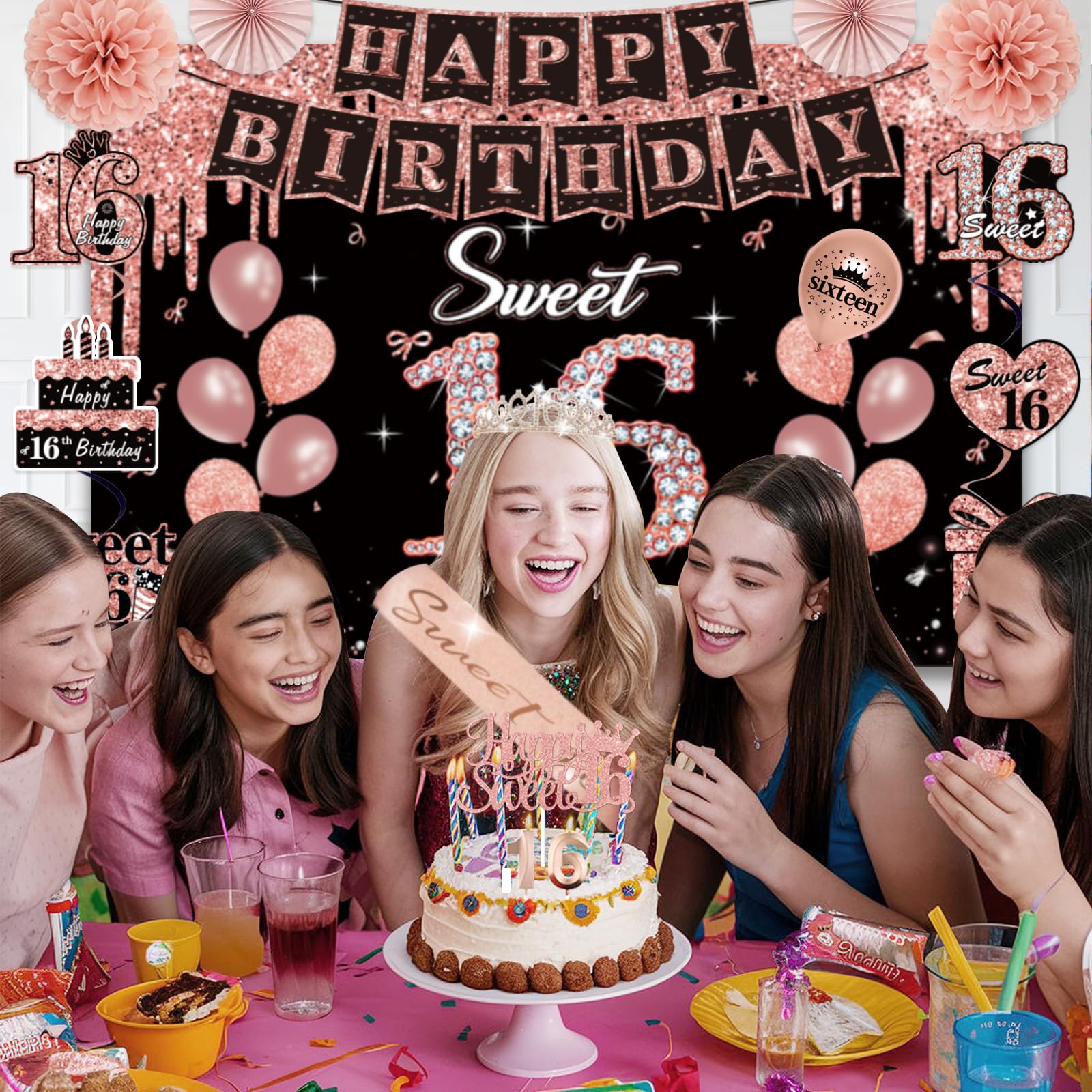 50Pcs Sweet 16 Birthday Party Decorations for Girls,Pre-Assembled Party Set