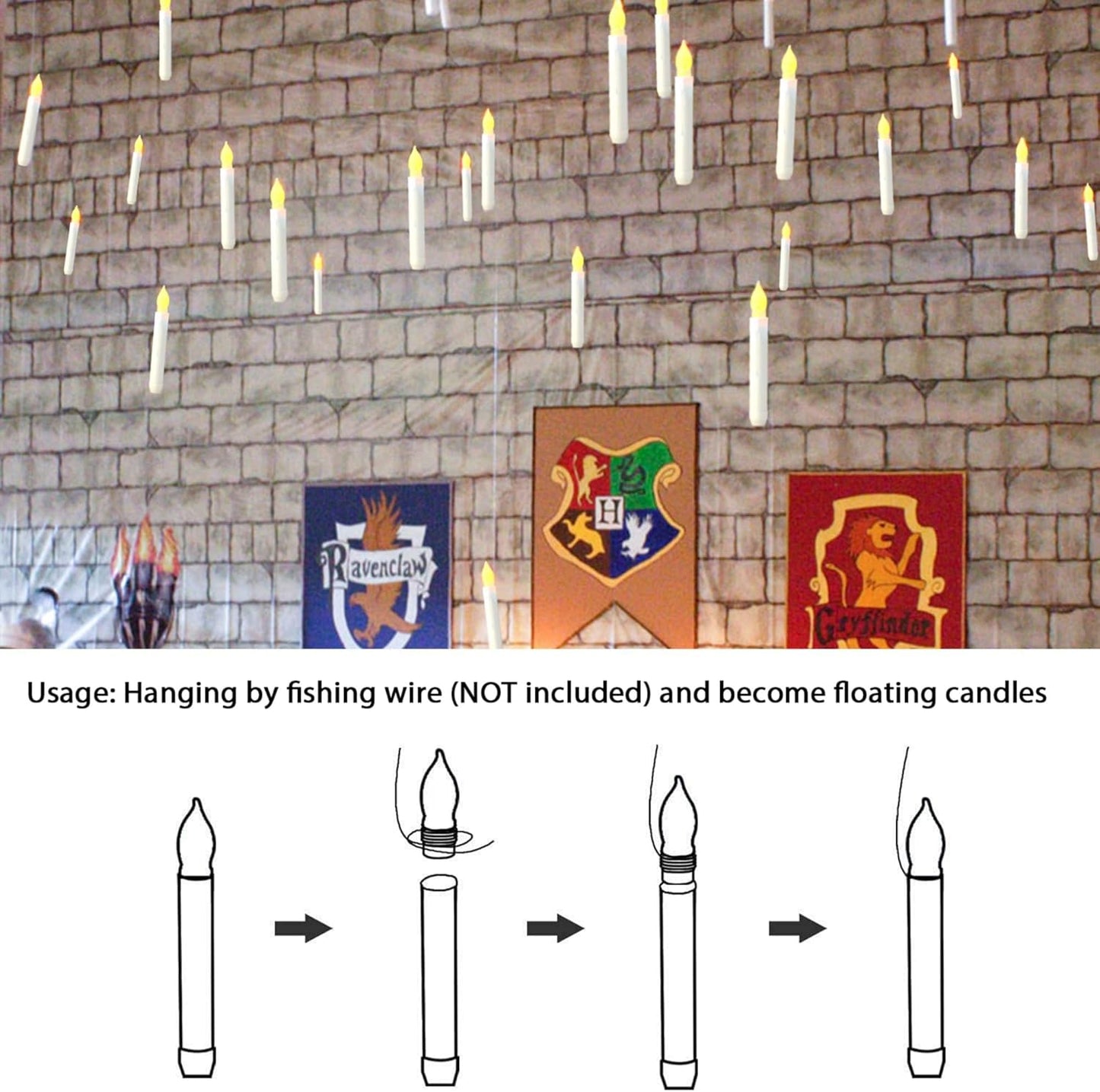 Amagic 12 Pcs Flameless LED Taper Candles, No Remote, Magical Hanging Floating Candles, Battery Operated Candlesticks, Electric Fake Candles Flickering 6.5" for Halloween Party Church Christmas Decor