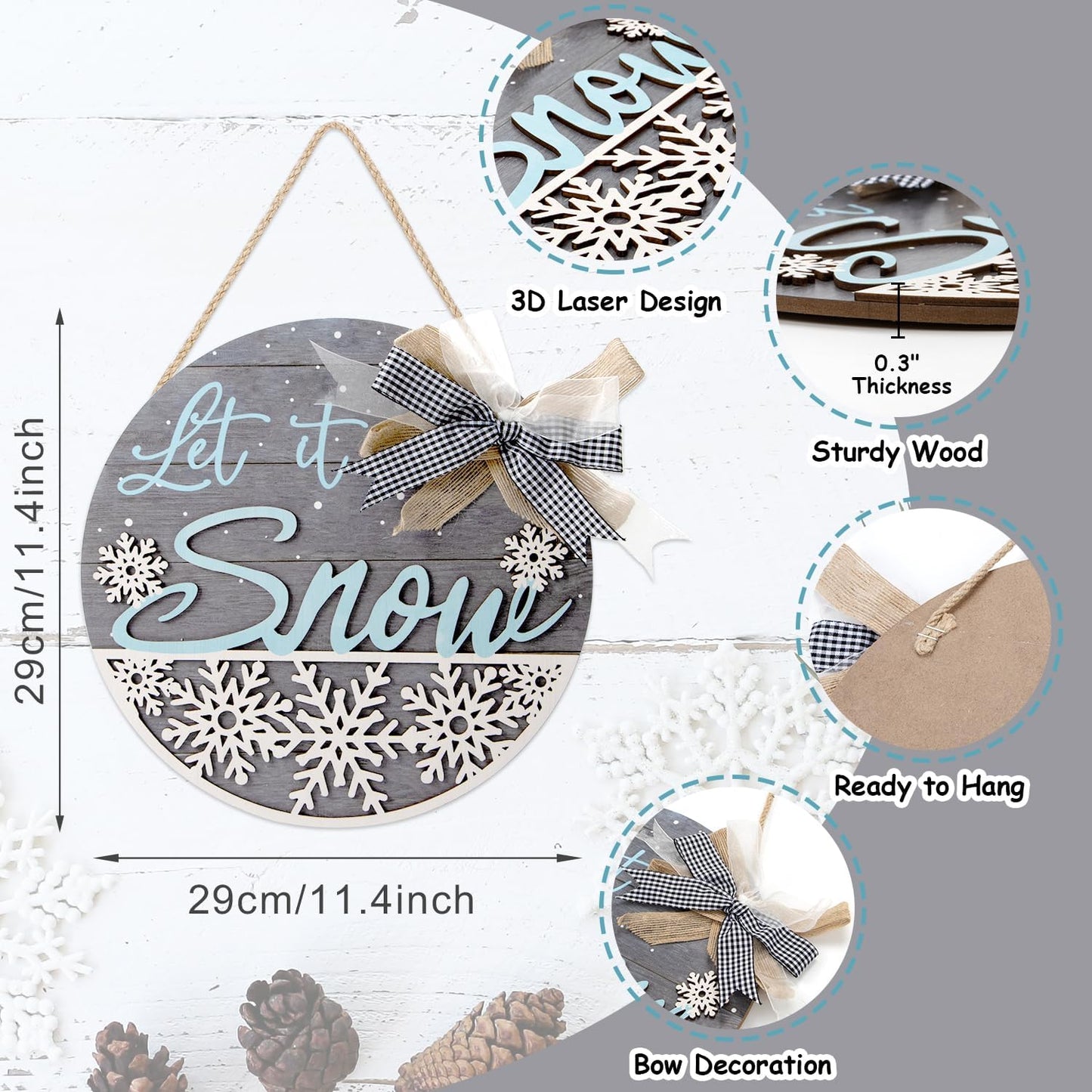 CHDITB Let It Snow Winter Decoration Sign(11.4”x11.4”), 3D Snowflake Xmas Winter Front Door Sign with Bow, Christmas New Year Housewarming Gift for Front Door Porch Farmhouse Indoor