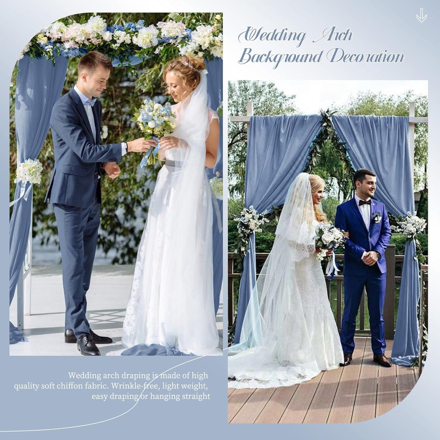 Dusty Blue Sheer Chiffon Wedding Arch Draping Fabric, 28" x 20ft Panels (Pack of 1), Polyester Chiffon, Solid Pattern, Perfect for Wedding Ceremony & Reception Party Decoration