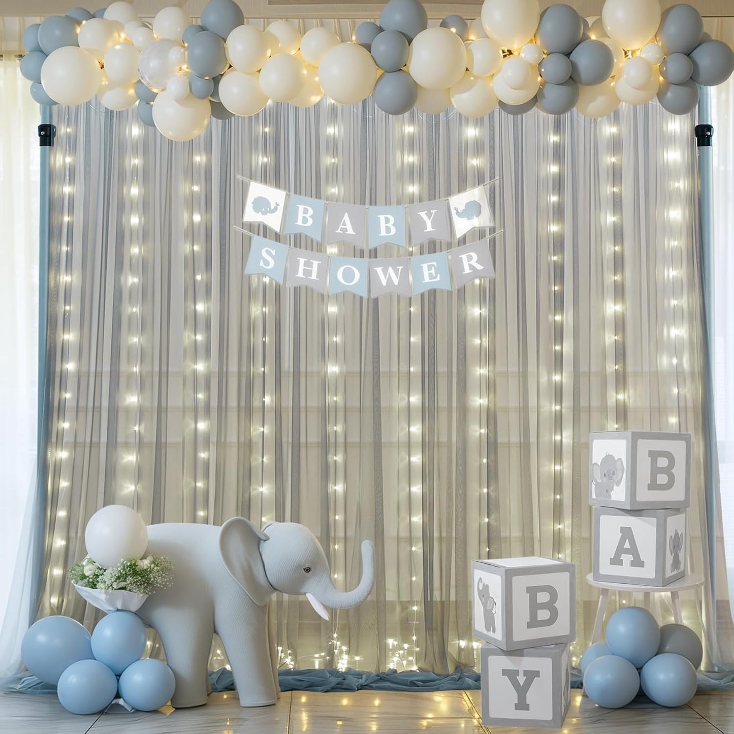 Silver Grey Tulle Backdrop Curtain with Lights String for Parites 10x8ft Sheer Backdrop Curtains for Birthday Party Bridal Shower Baby Shower Wedding Ceremony Prom Photo Booth Background Decorations