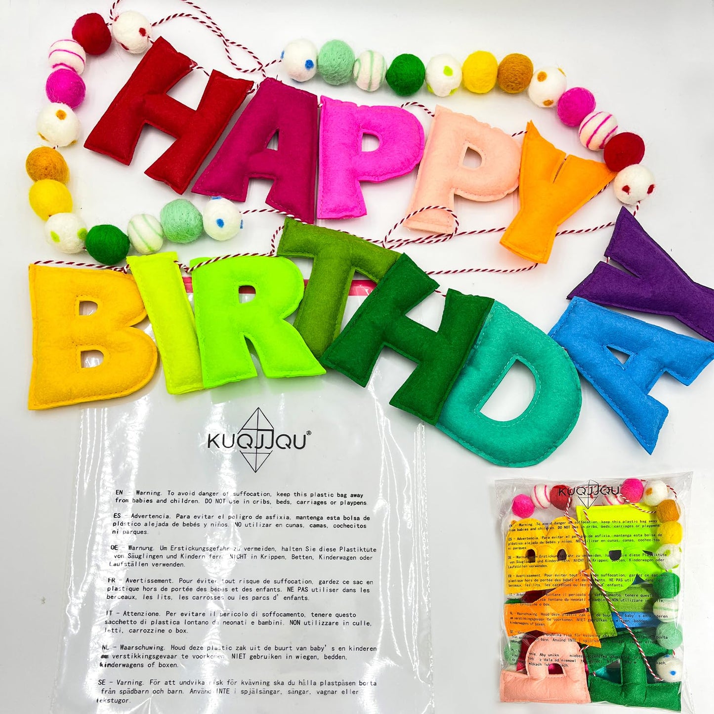 Pre-Strung Happy Birthday Banner,Reusable HAPPY BIRTHDAY Felt Ball Garland