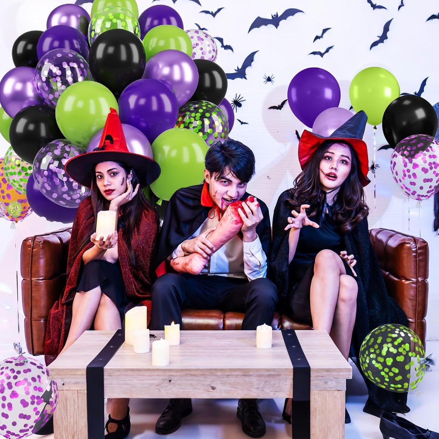 Purple Green Balloons, 12 Inch Halloween Balloons Set, Matte Black Fruit Green and Metallic Purple Confetti Balloon Latex Helium Balloon for Birthday Horror Halloween Party Decorations Indoor Outdoor