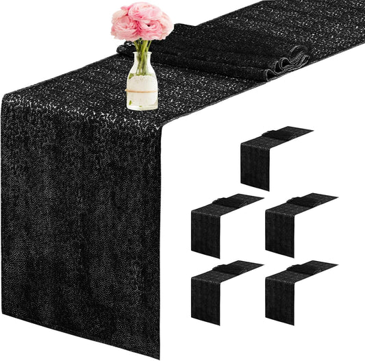 6 Packs 12 x 72 inches Sequin Table Runner, Black Glitter Table Runner for Birthday Party Supplies Wedding Engagement Baby Shower Holiday Celebration Event Decorations